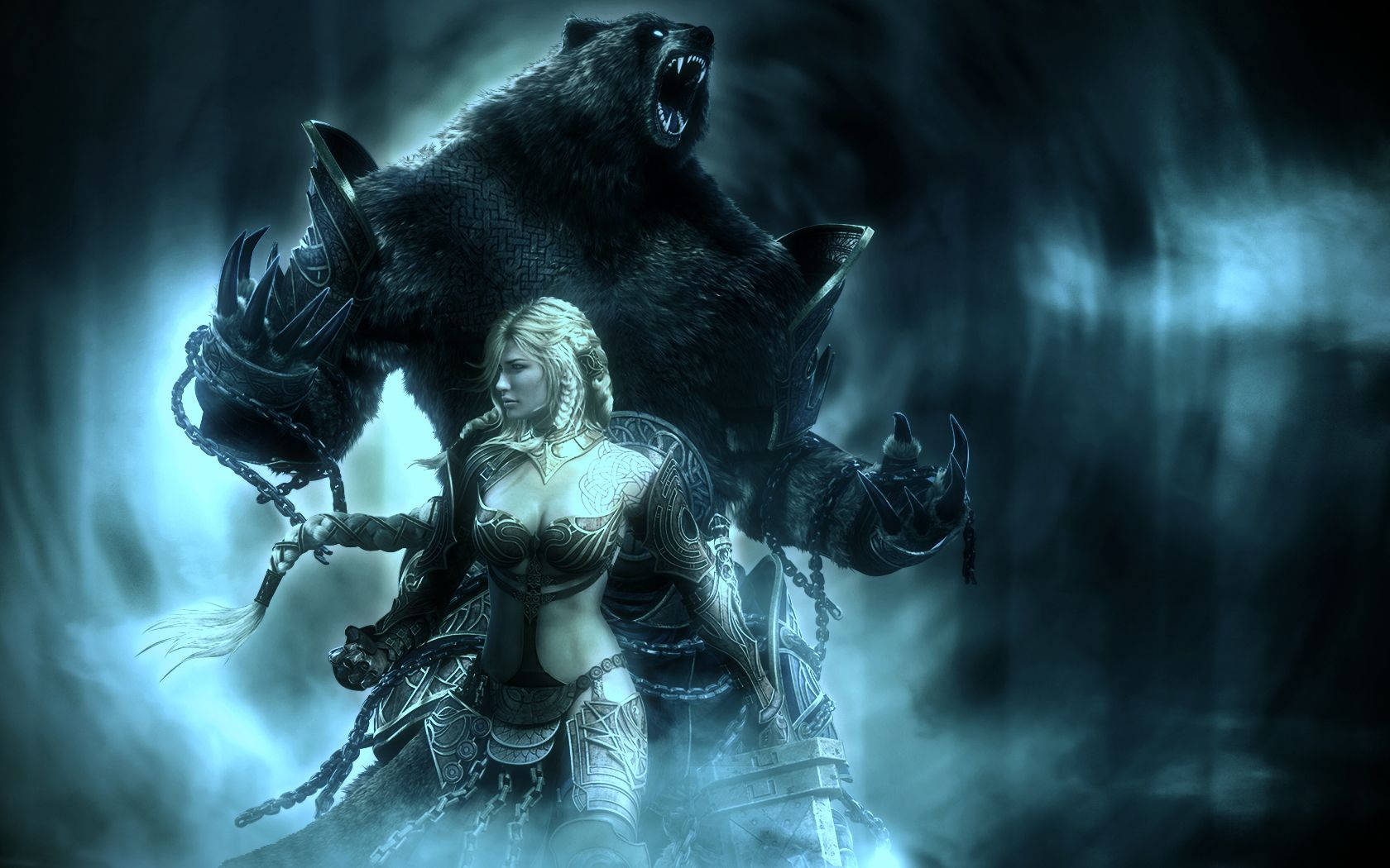 warrior woman, ornate armor, roaring black bear, HD Desktop Wallpaper