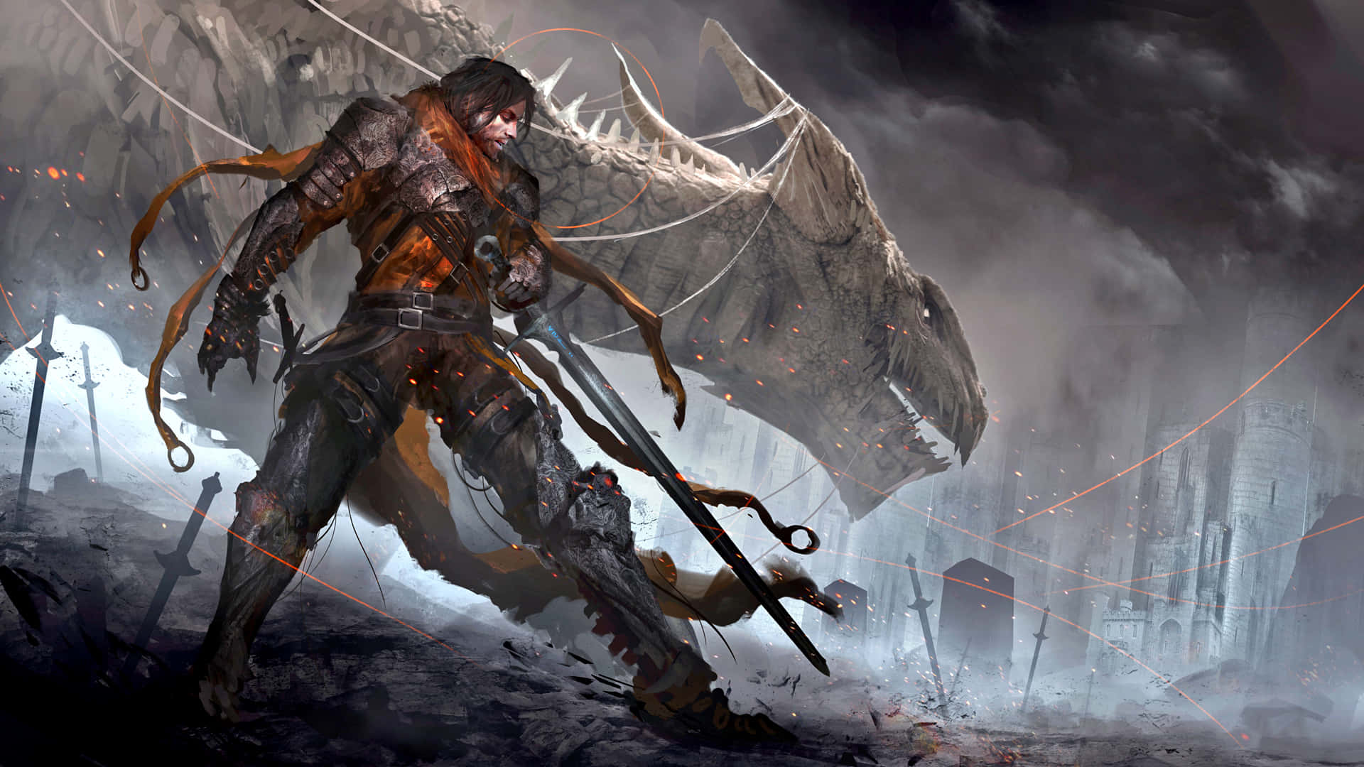 barbarian warrior, massive dragon, shattered swords, Full HD Desktop Wallpaper