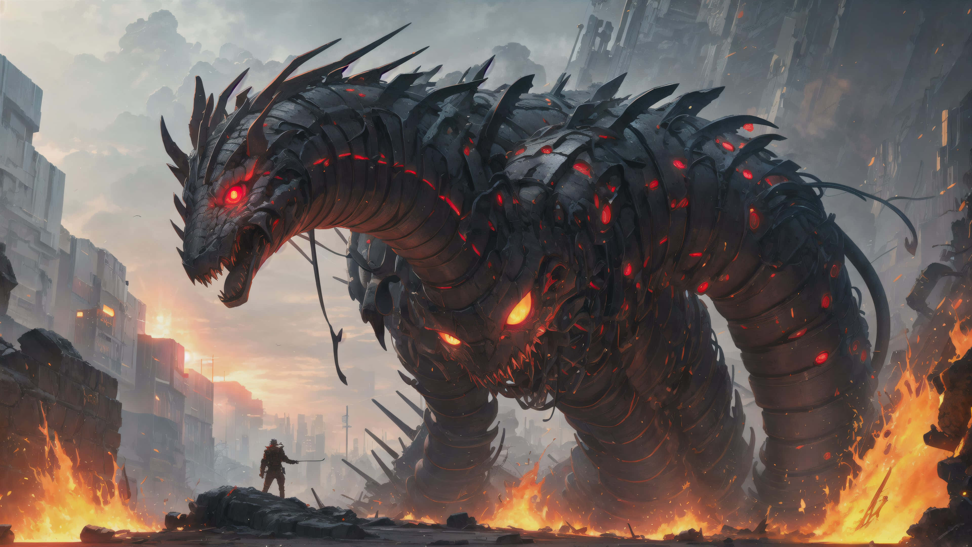 epic dragon confrontation, lone warrior, colossal mechanical dragon, 4K Desktop Wallpaper