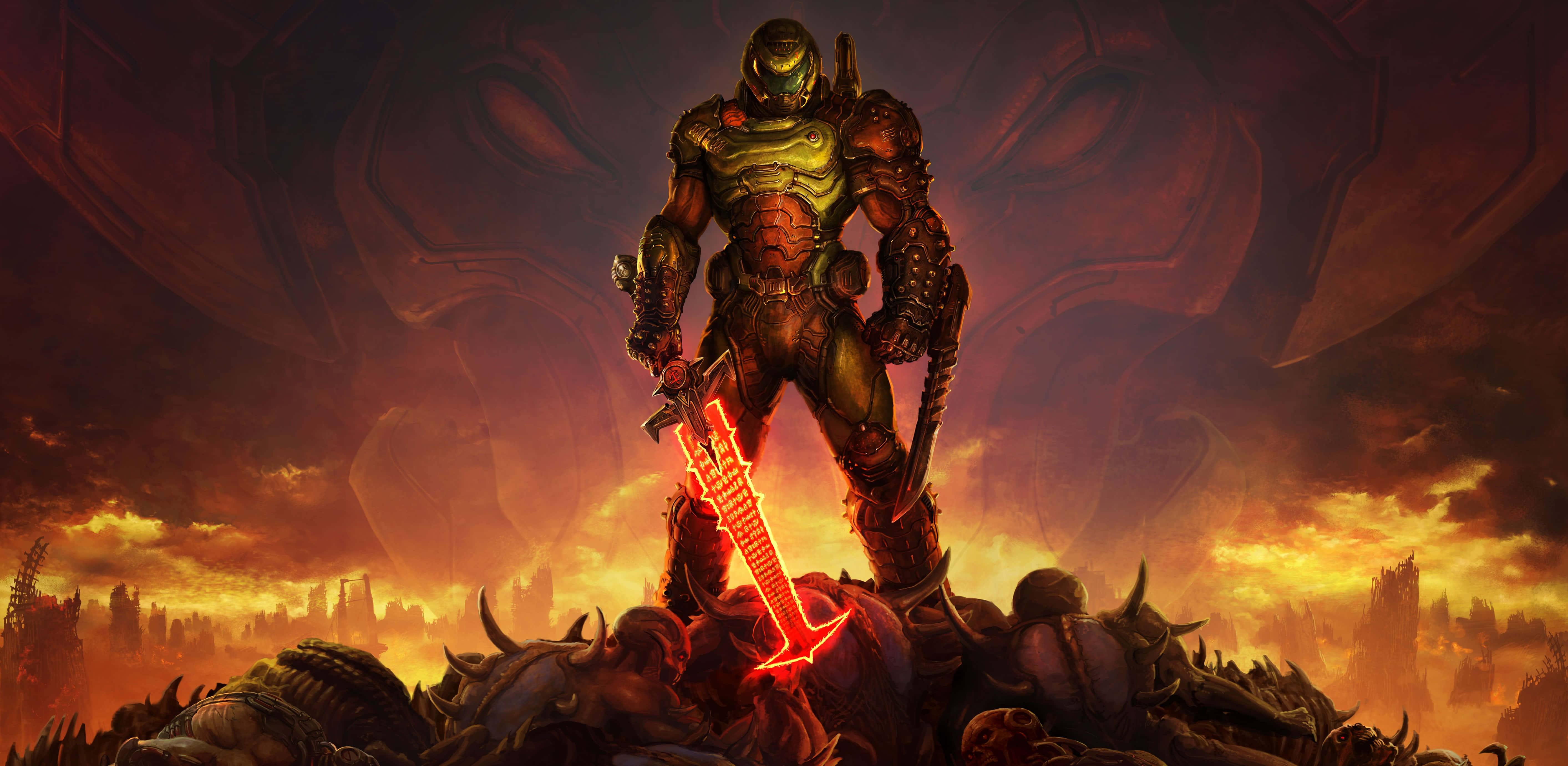 futuristic warrior, glowing red sword, fiery apocalyptic sky, 5K Desktop Wallpaper