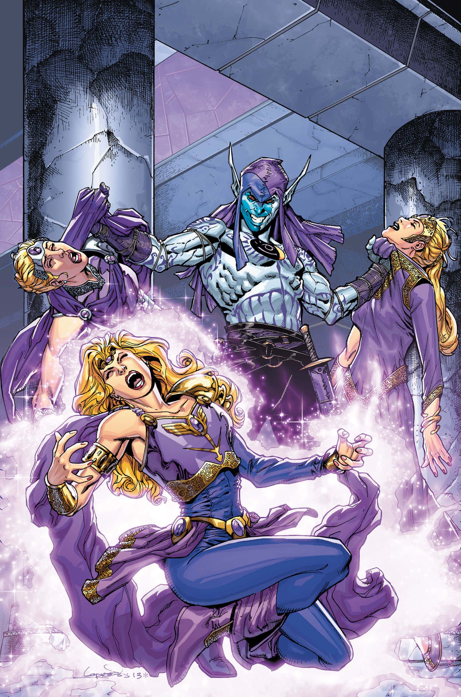 fantasy battle sorceress vs orc, purple-robed hero, magical energy, Full HD Phone Wallpaper
