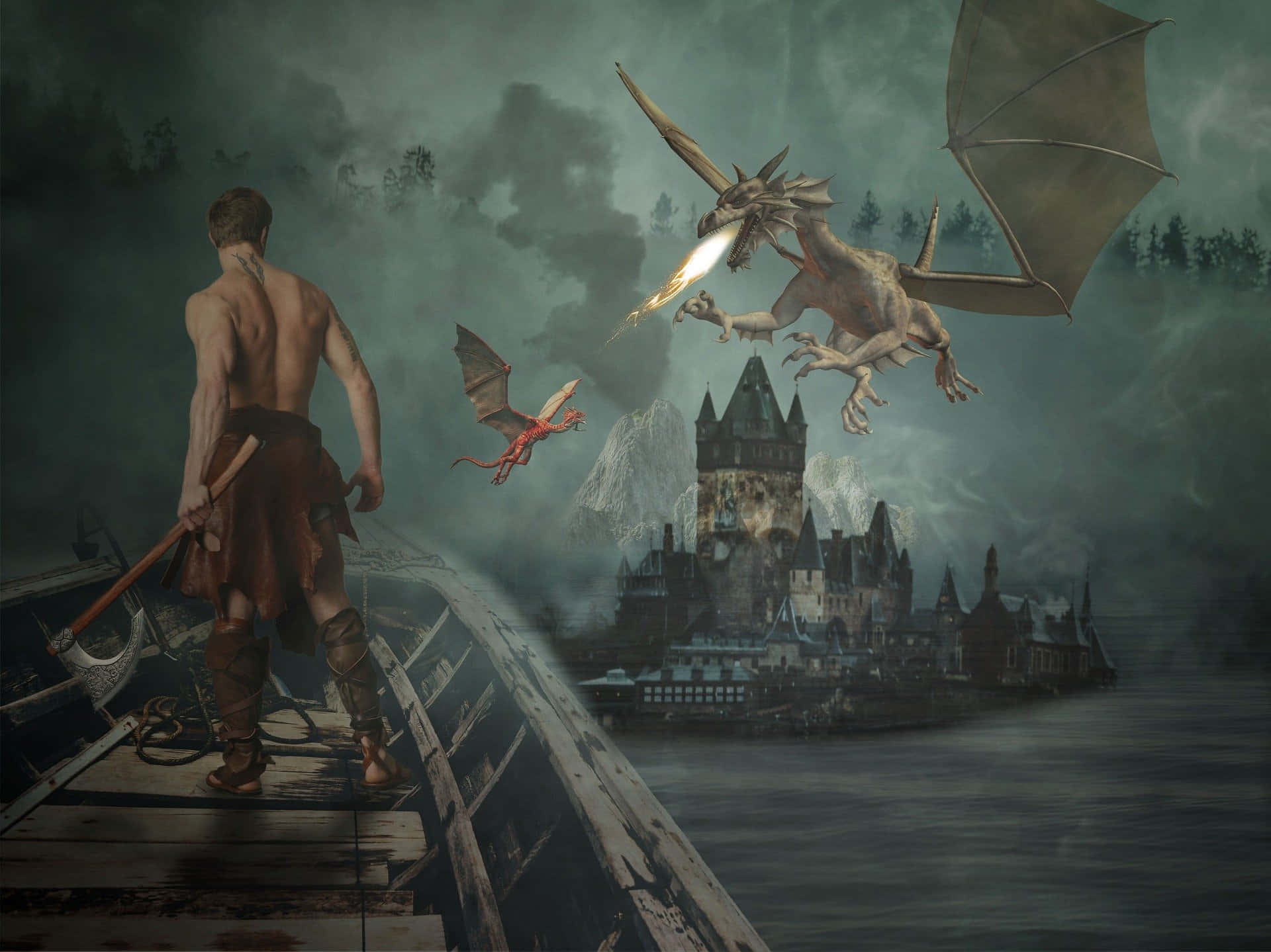 warrior, dragons, dusk, Full HD Desktop Wallpaper