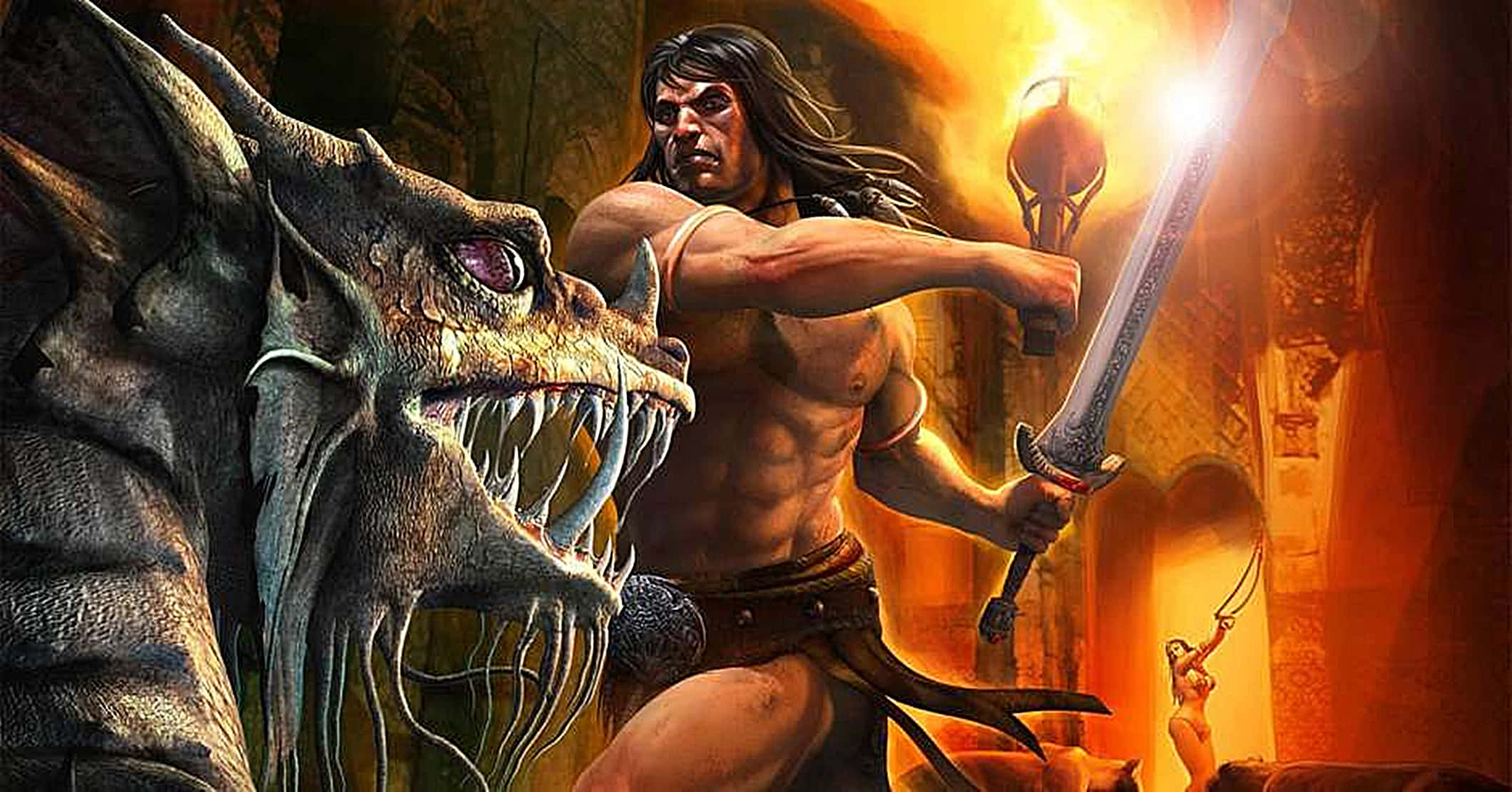 barbarian hero, glowing sword, monstrous dragon, Full HD Desktop Wallpaper