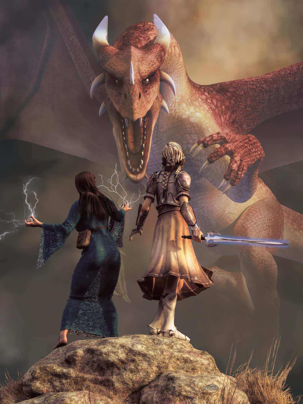 magical realm, rocky outcrop, massive dragon, HD Phone Wallpaper
