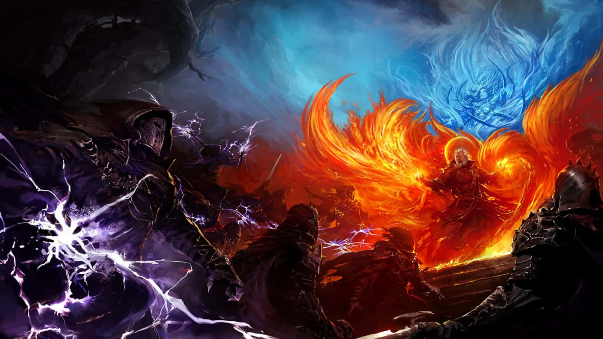 fiery phoenix, dark figure wielding lightning, stormy skies, Full HD Desktop Wallpaper