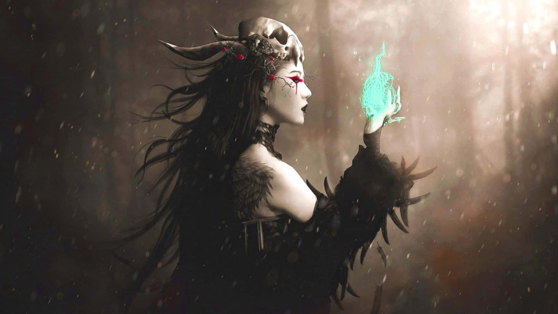 sorceress, skull headdress, red eyes, Full HD Desktop Wallpaper