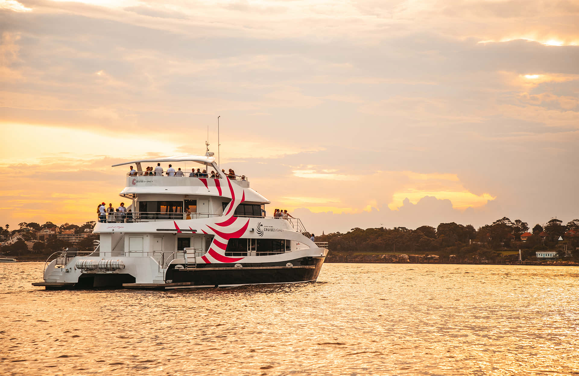 Sunset Cruise Sydney Harbour, white luxury catamaran, red swirls sails, Full HD Desktop Wallpaper