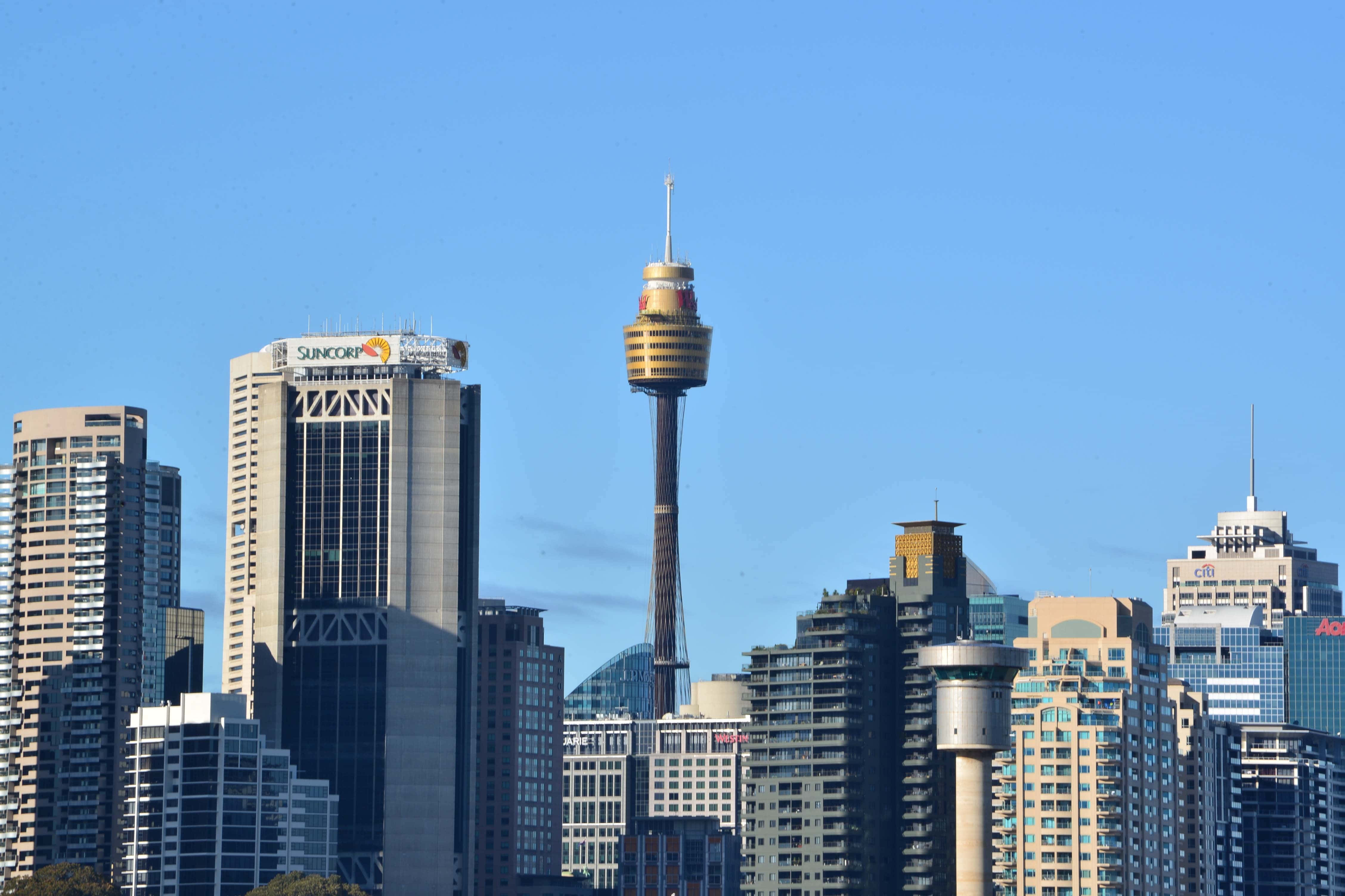 Sydney Tower Eye, Sydney skyline, modern glass skyscrapers, 4K Desktop Wallpaper