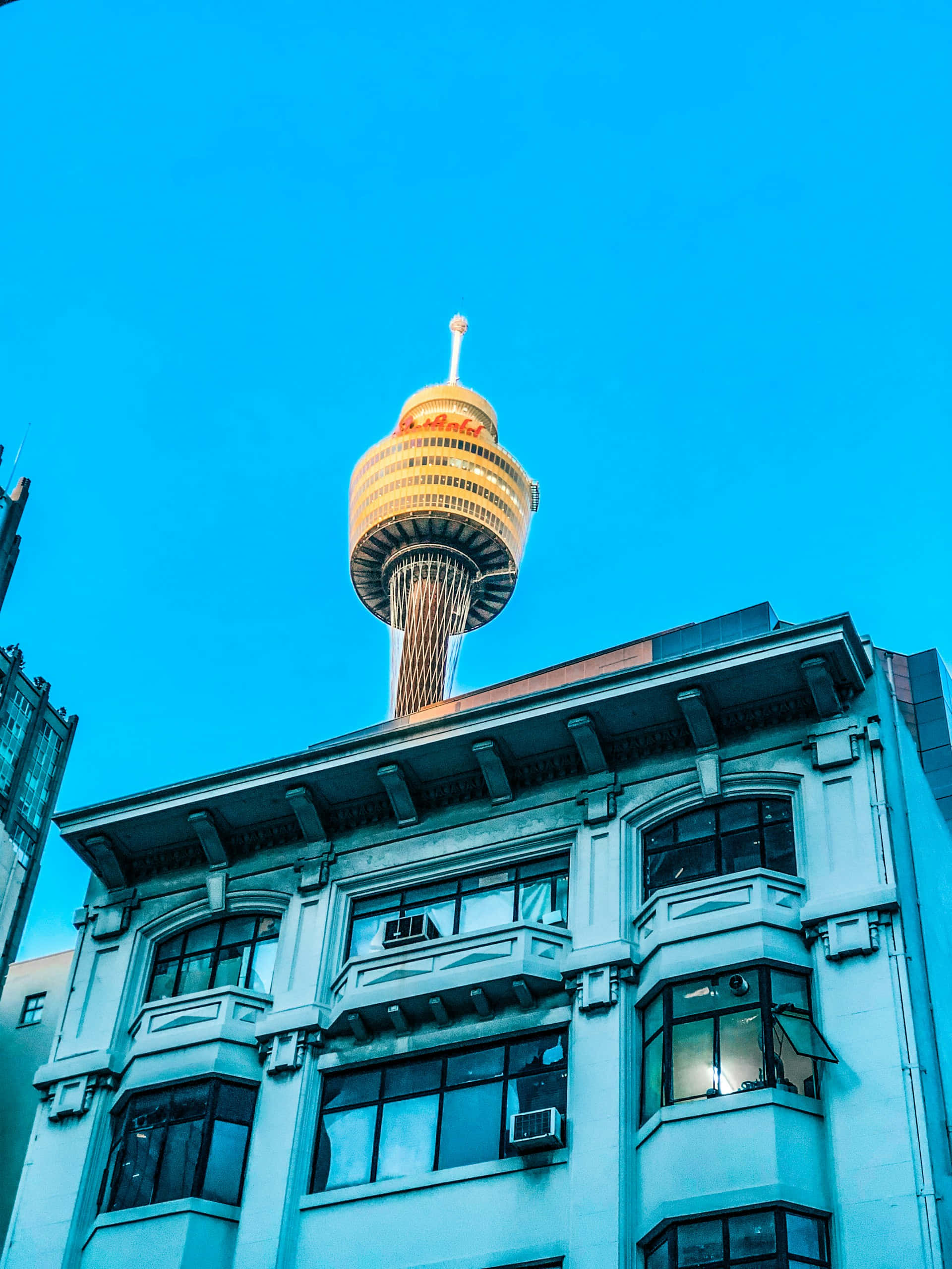 Sydney Tower Eye, vintage building, vivid blue sky, 2K Phone Wallpaper