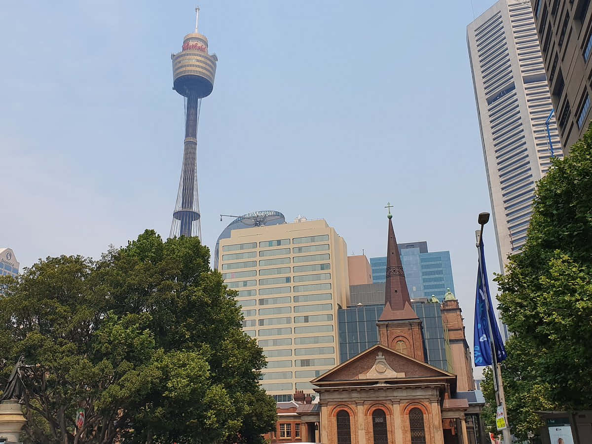 Sydney Tower Eye, modern skyscrapers, historic church, SD Desktop Wallpaper