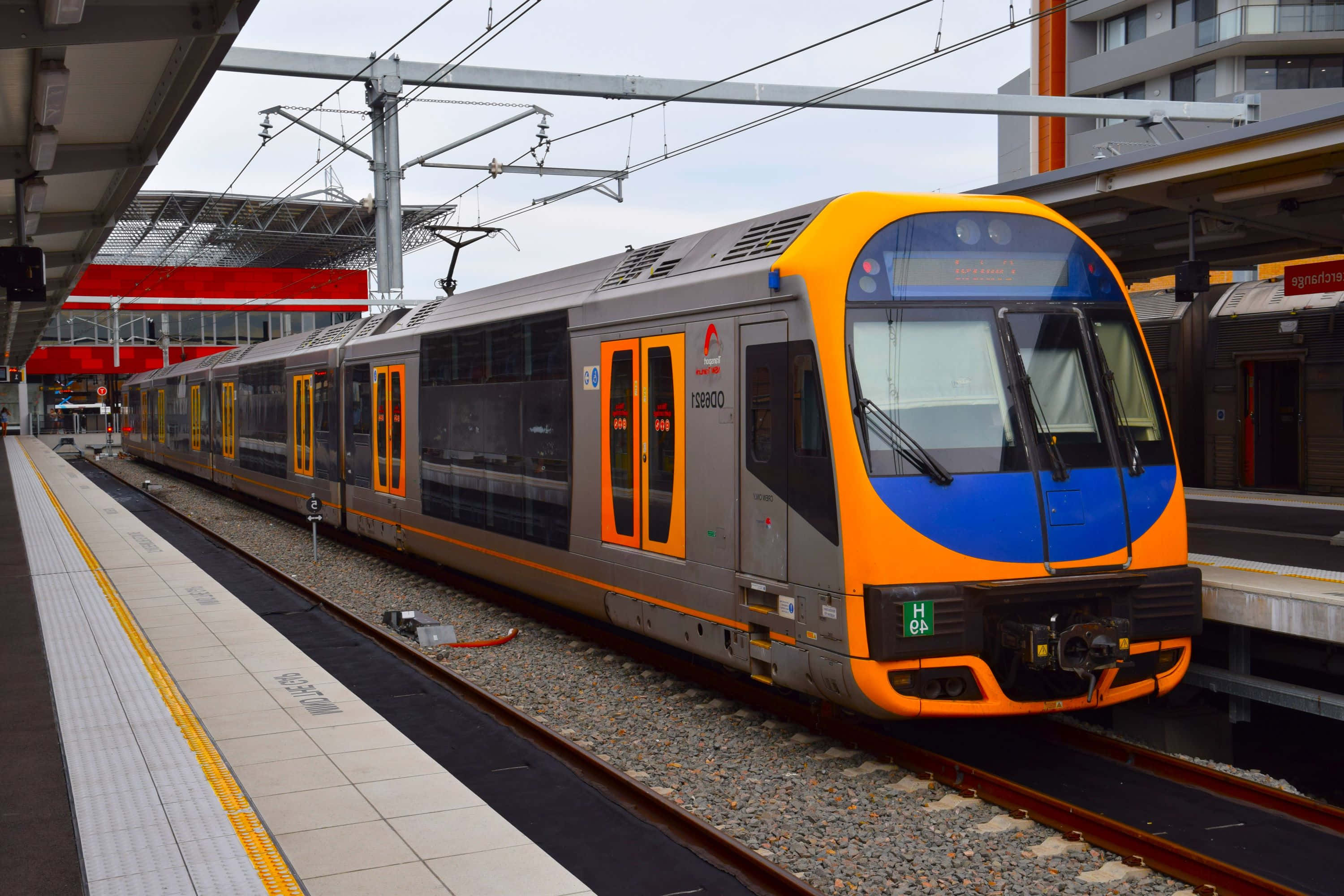 Sydney Trains, orange and blue train, station platform, 2K Desktop Wallpaper