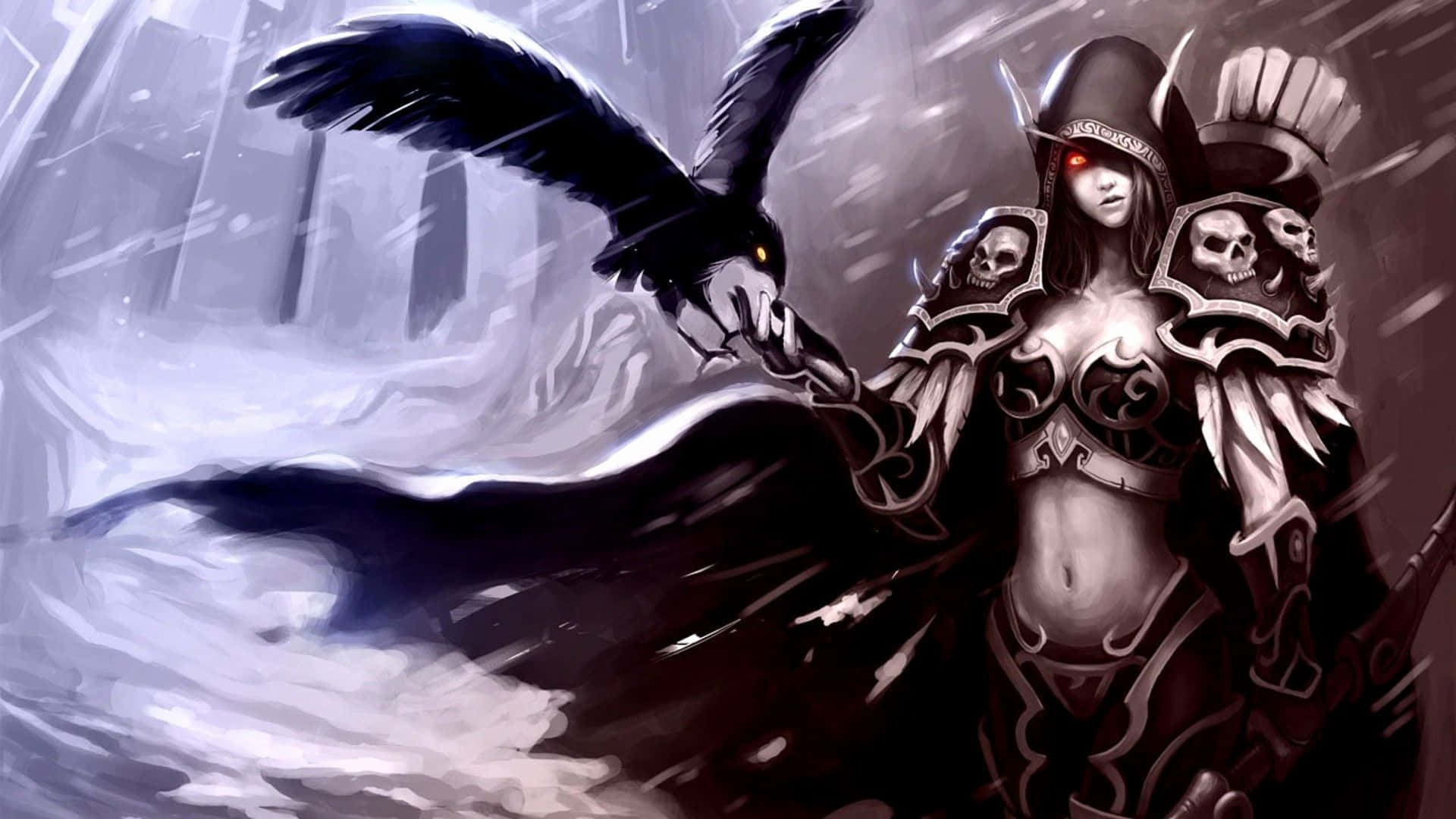 Sylvanas Windrunner, glowing red eyes, skull-adorned armor, Full HD Desktop Wallpaper