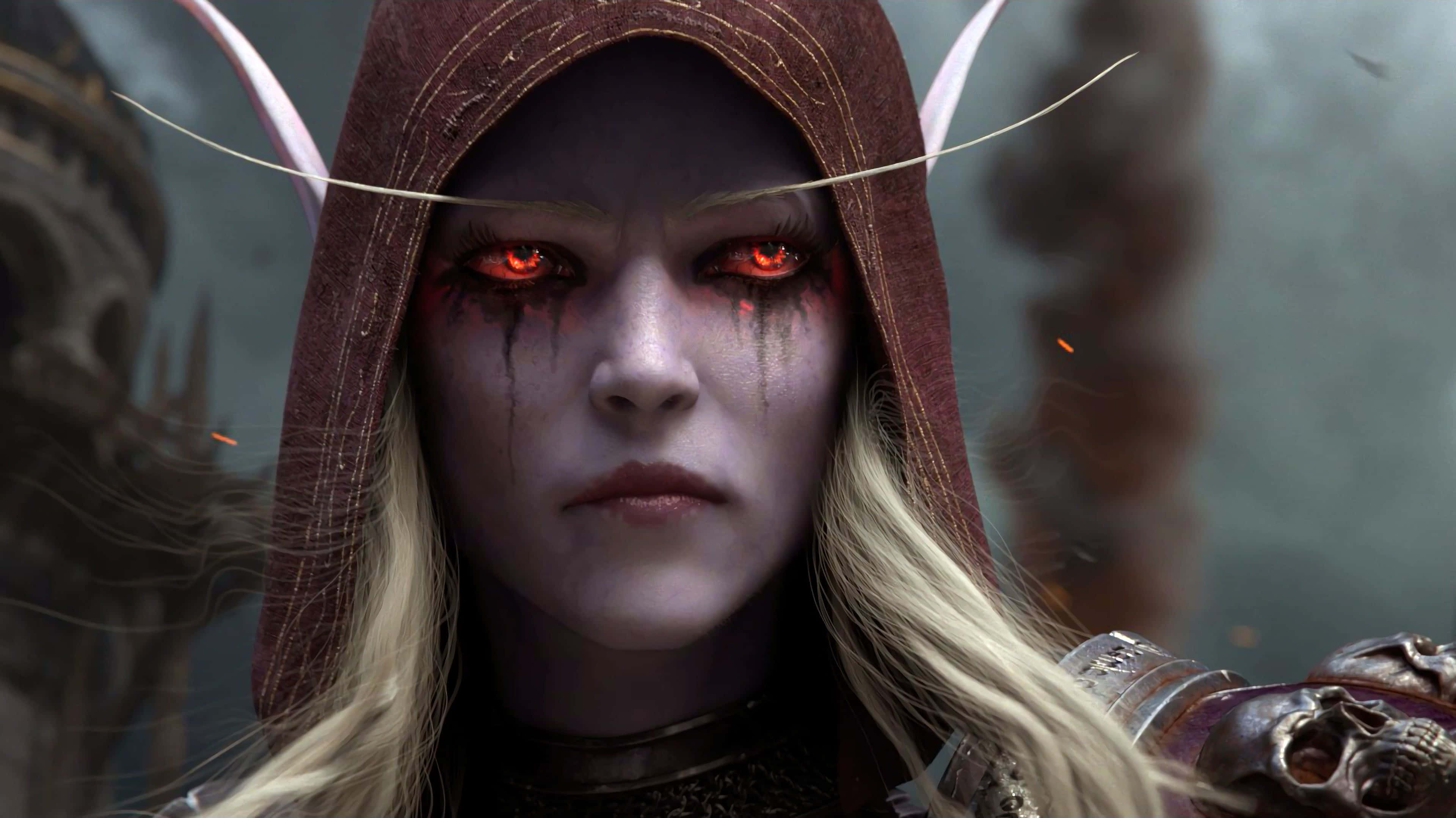 Sylvanas Windrunner, hooded cloak, glowing red eyes, 4K Desktop Wallpaper