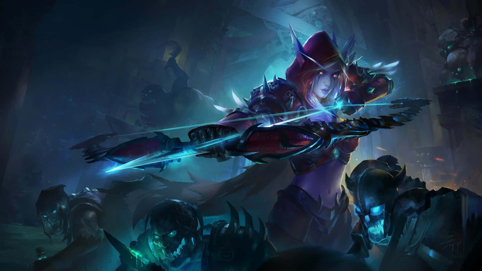 Sylvanas Windrunner, neon blue arrows, dark fantasy dungeon, Full HD Desktop Wallpaper