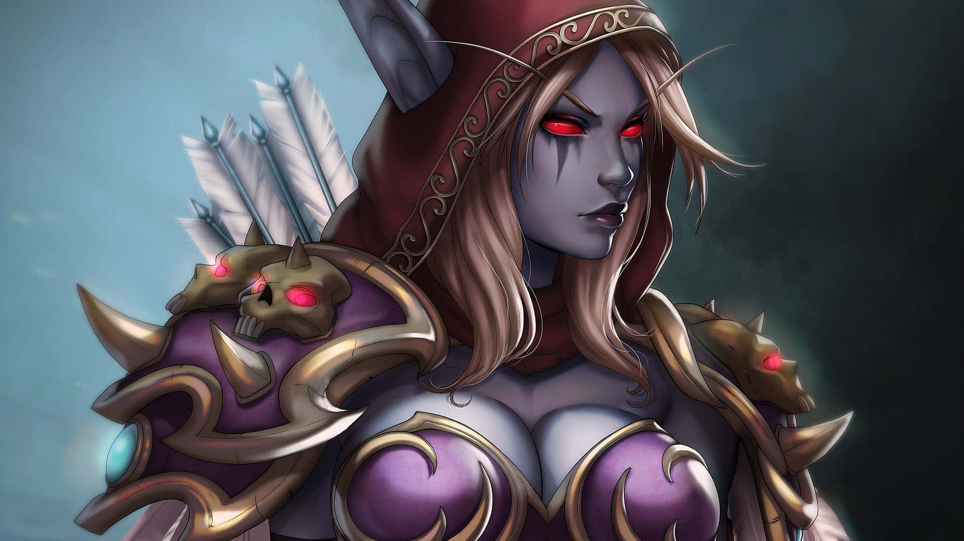 Sylvanas Windrunner, glowing red eyes, skull-adorned armor, Full HD Desktop Wallpaper