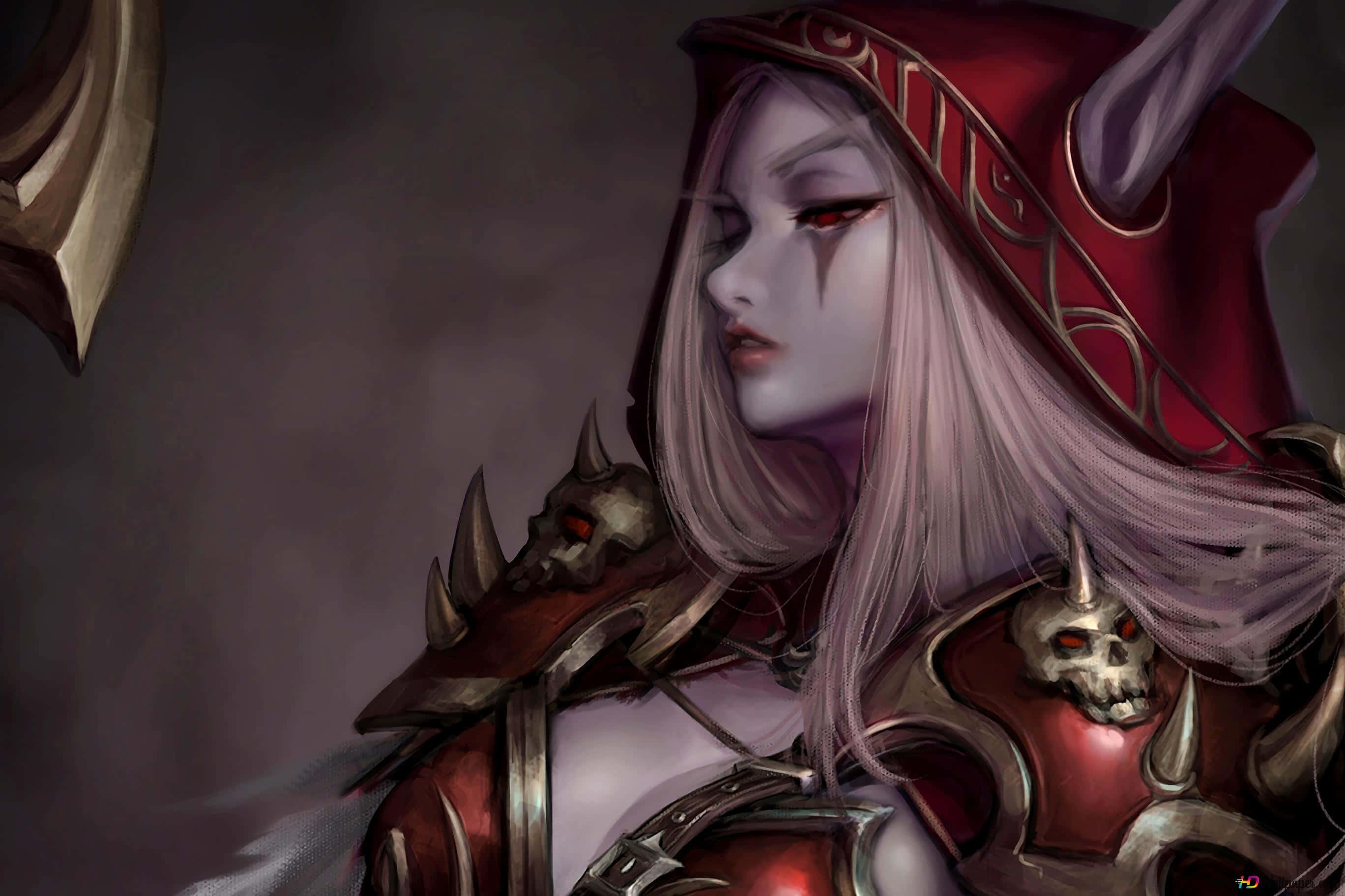 Sylvanas Windrunner, red armor, skull motifs, 2K Desktop Wallpaper