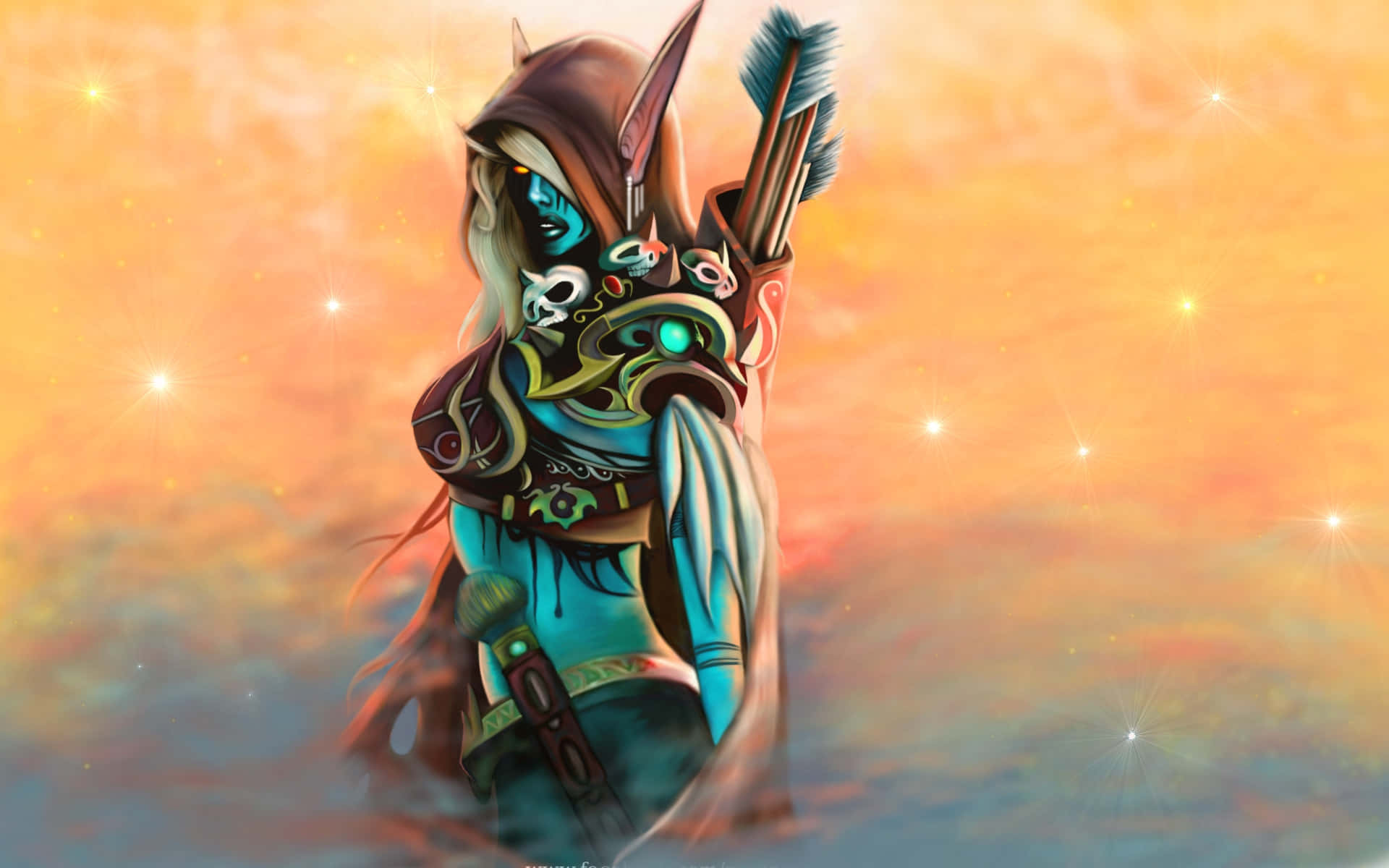 Sylvanas Windrunner, blue-skinned, hooded archer, Full HD Desktop Wallpaper