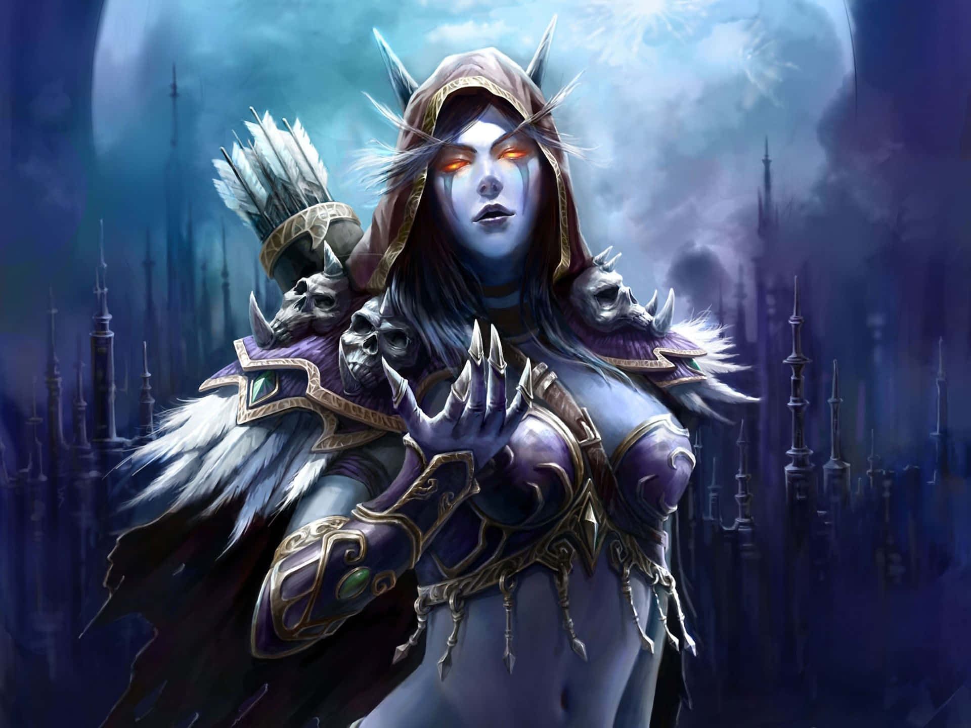 Sylvanas Windrunner, blue-skinned, glowing orange eyes, Full HD Desktop Wallpaper