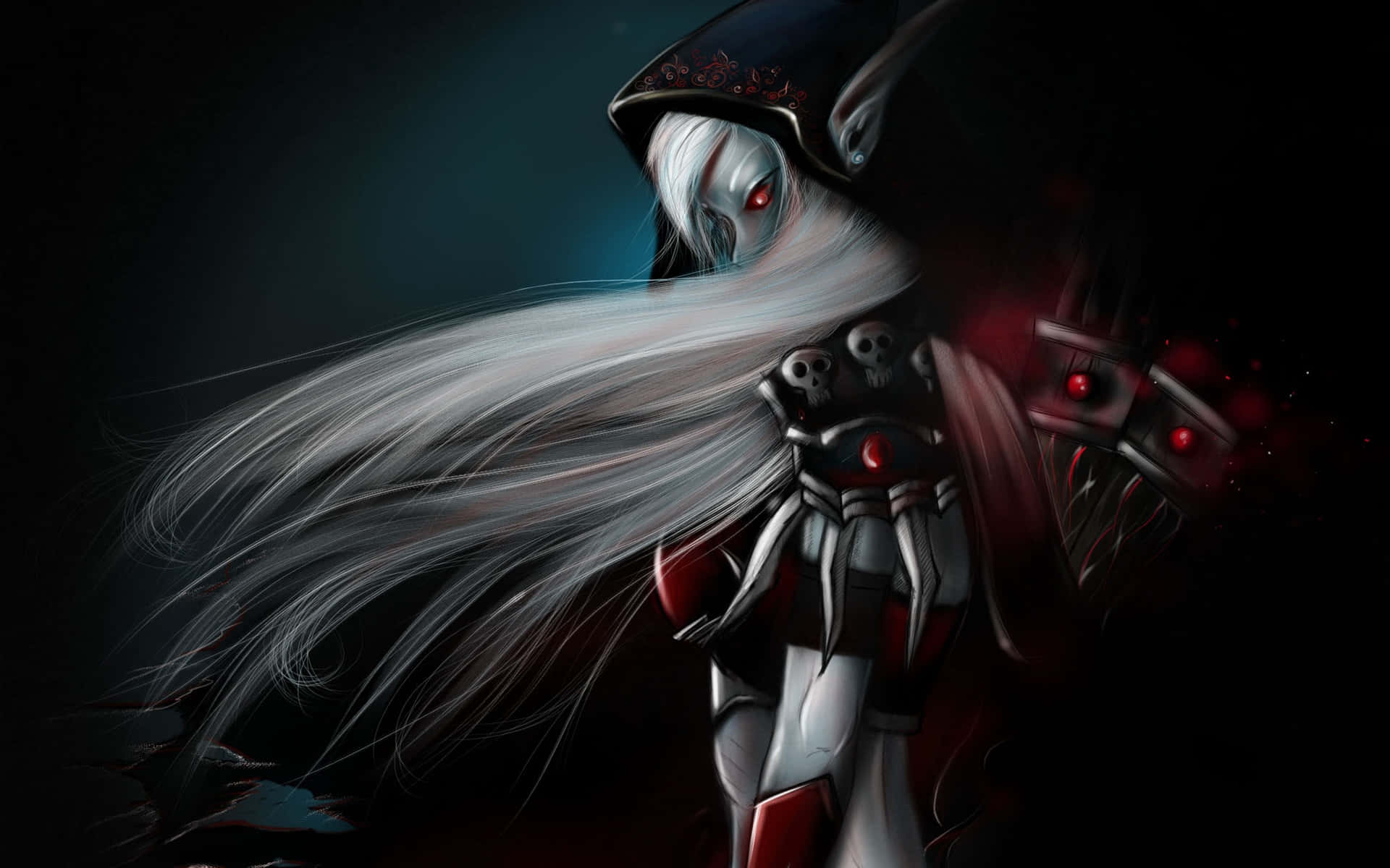 Sylvanas Windrunner, glowing red eyes, flowing white hair, Full HD Desktop Wallpaper