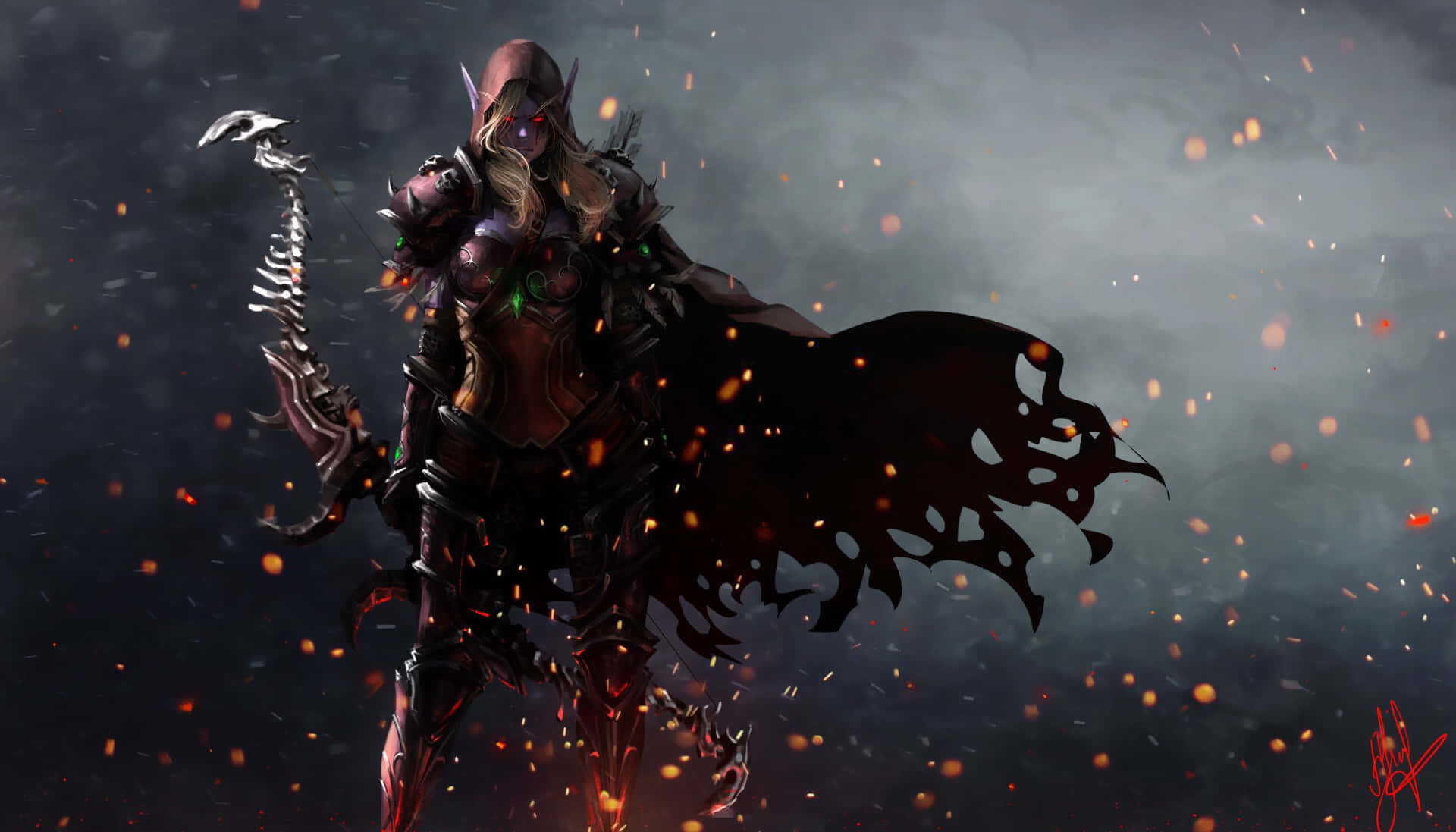 Sylvanas Windrunner, glowing eyes, skeletal staff, Full HD Desktop Wallpaper
