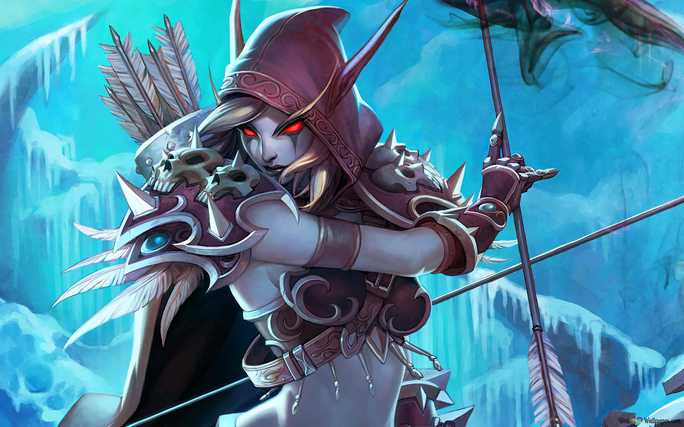 Sylvanas Windrunner, hooded archer, glowing red eyes, 2K Desktop Wallpaper