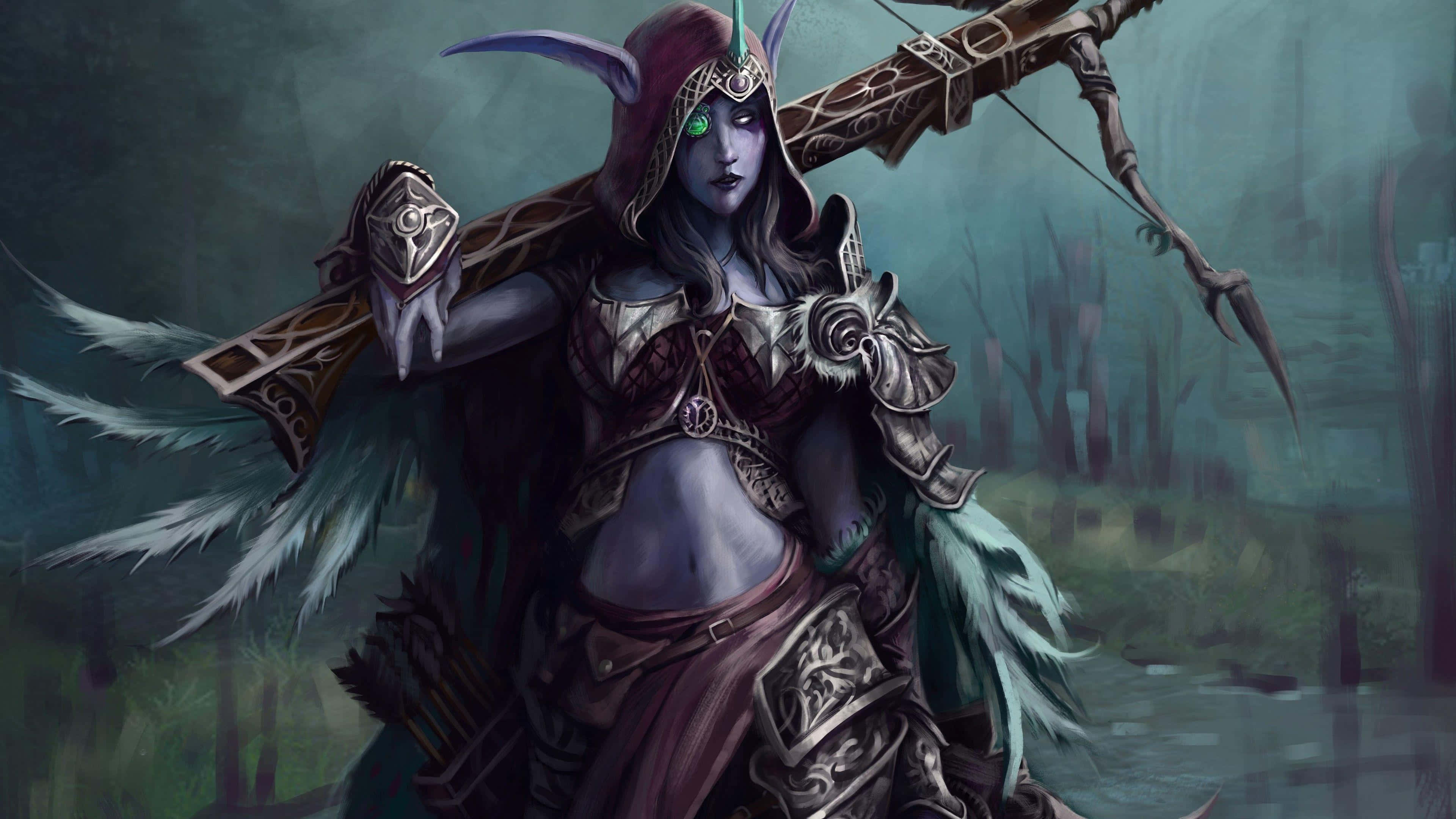 Sylvanas Windrunner, glowing green eyes, ornate armor, 4K Desktop Wallpaper