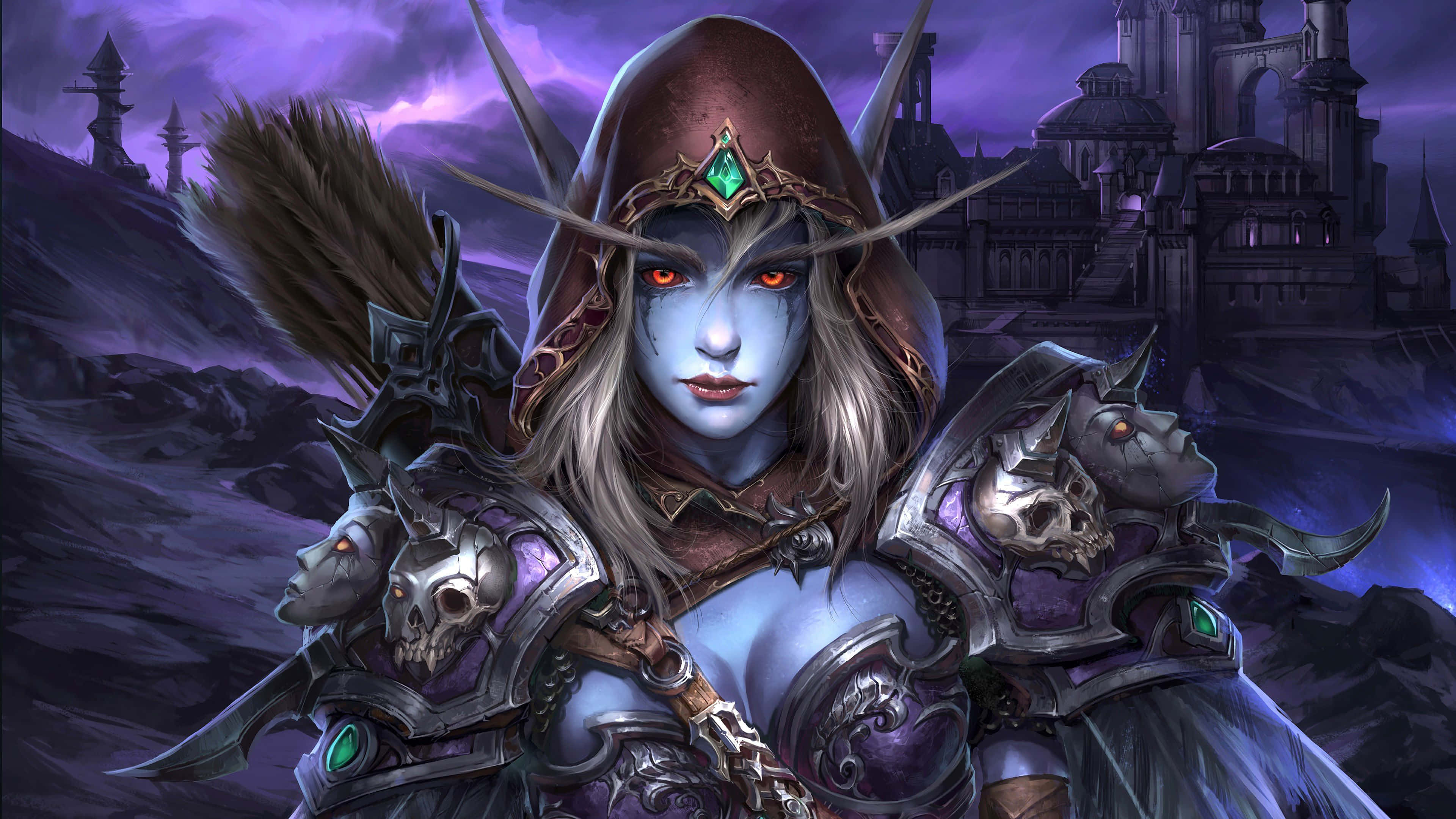 Sylvanas Windrunner, blue skin, glowing red eyes, 4K Desktop Wallpaper