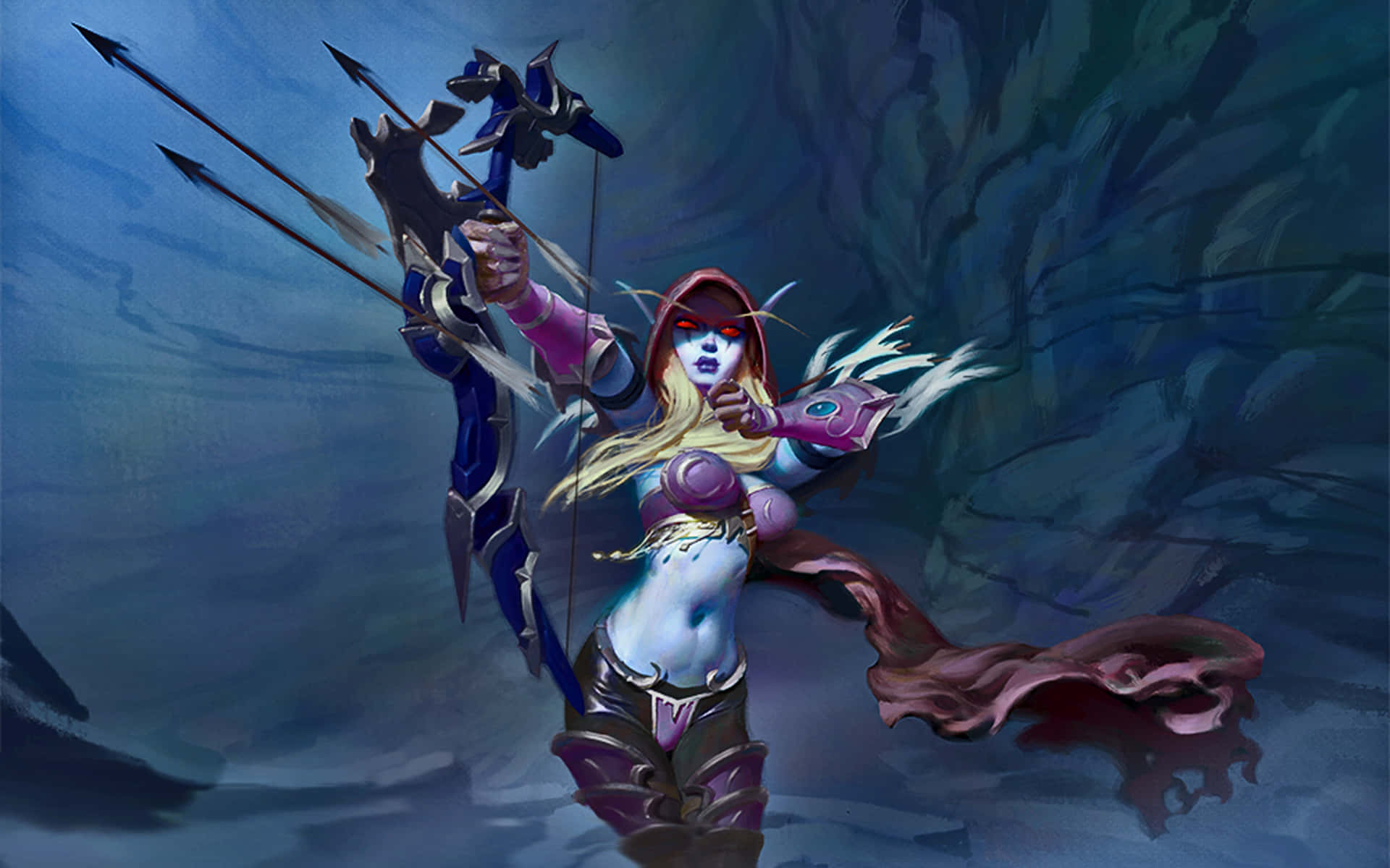 Sylvanas Windrunner, glowing red eyes, flowing blonde hair, Full HD Desktop Wallpaper