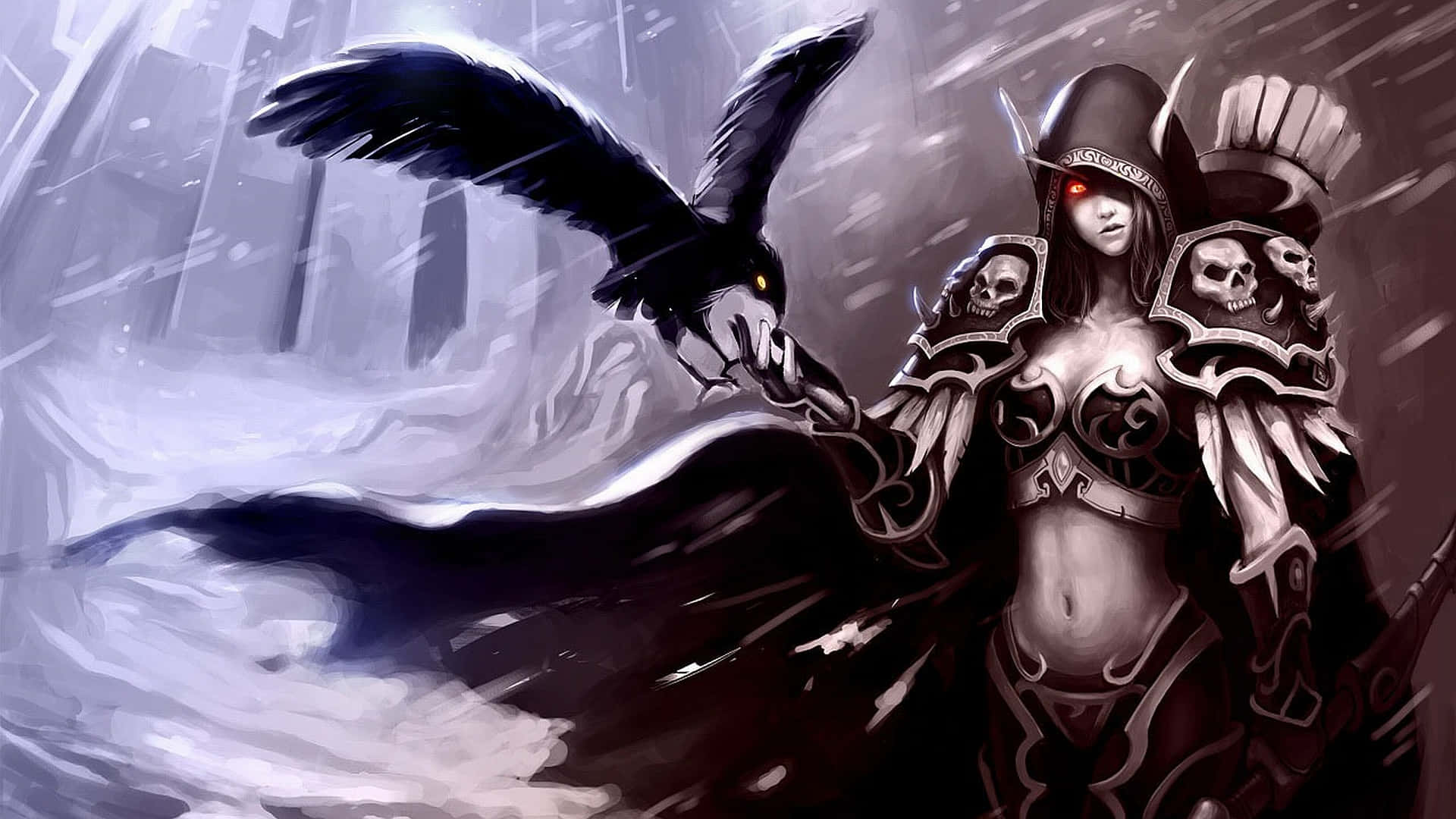 Sylvanas Windrunner, glowing red eyes, skull-adorned armor, Full HD Desktop Wallpaper