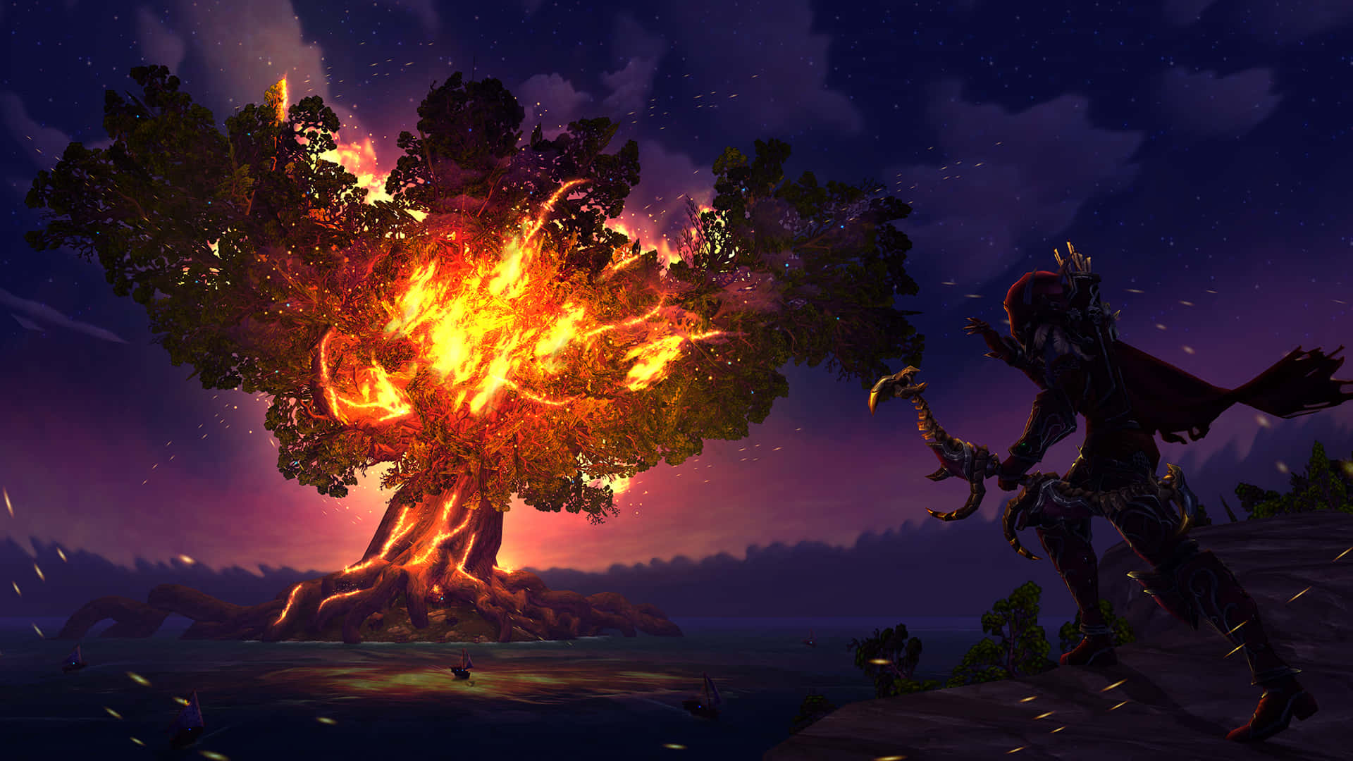 Sylvanas Windrunner, colossal tree, fiery flames, Full HD Desktop Wallpaper