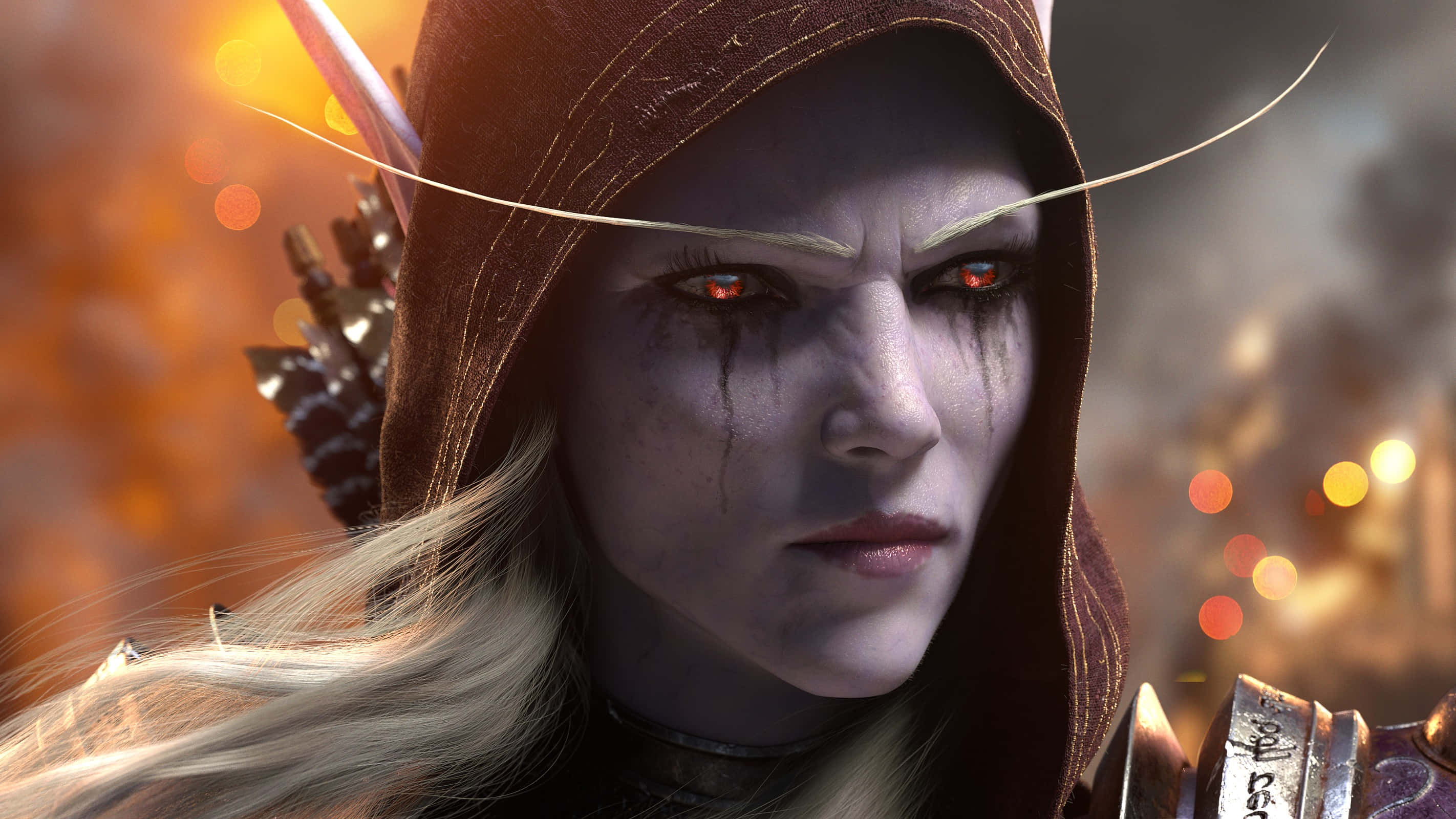 Sylvanas Windrunner, hooded elf warrior, glowing red eyes, 2K Desktop Wallpaper