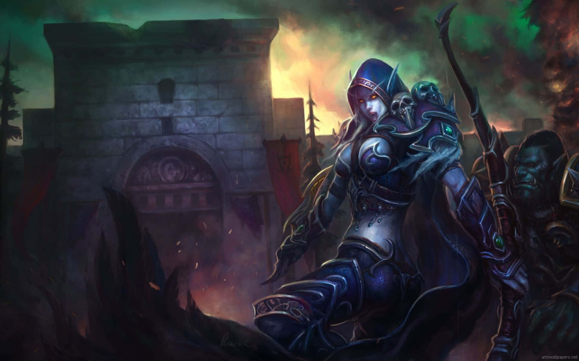 Sylvanas Windrunner, crumbling stone gate, fiery twilight sky, Full HD Desktop Wallpaper
