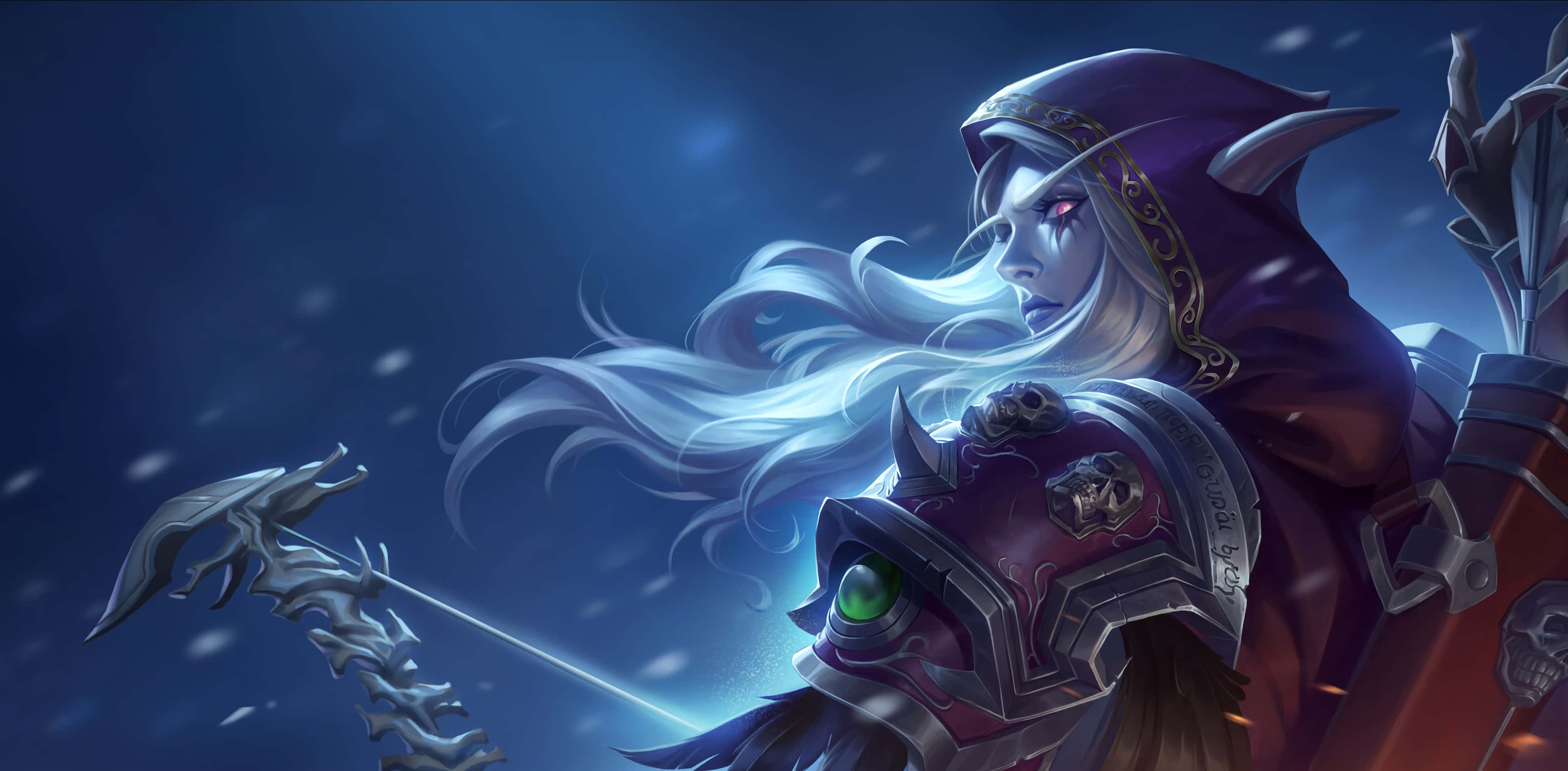 Sylvanas Windrunner, glowing eyes, flowing white hair, 2K Desktop Wallpaper