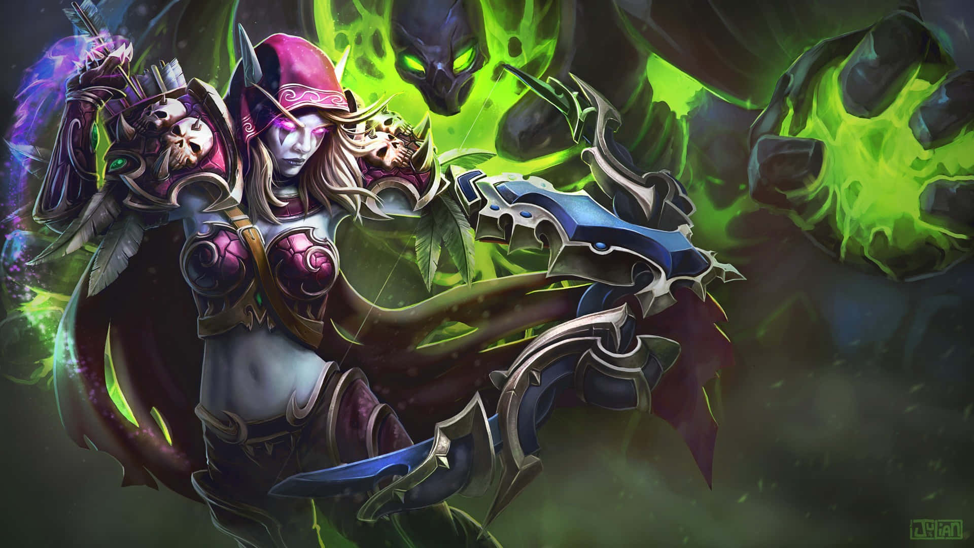 Sylvanas Windrunner, glowing purple eyes, jagged sword, Full HD Desktop Wallpaper