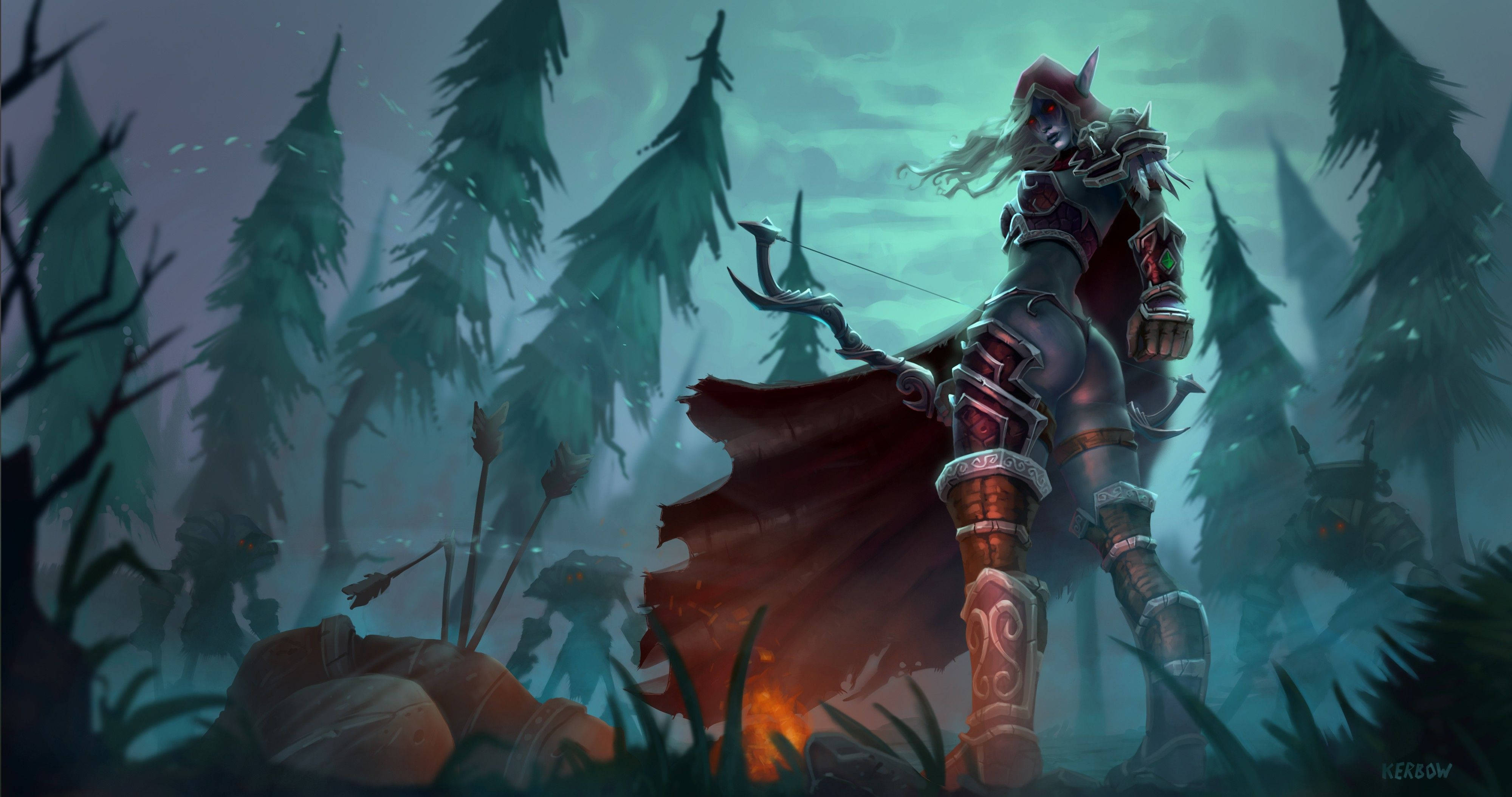 Sylvanas Windrunner, pine forest, glowing eyes, 4K Desktop Wallpaper