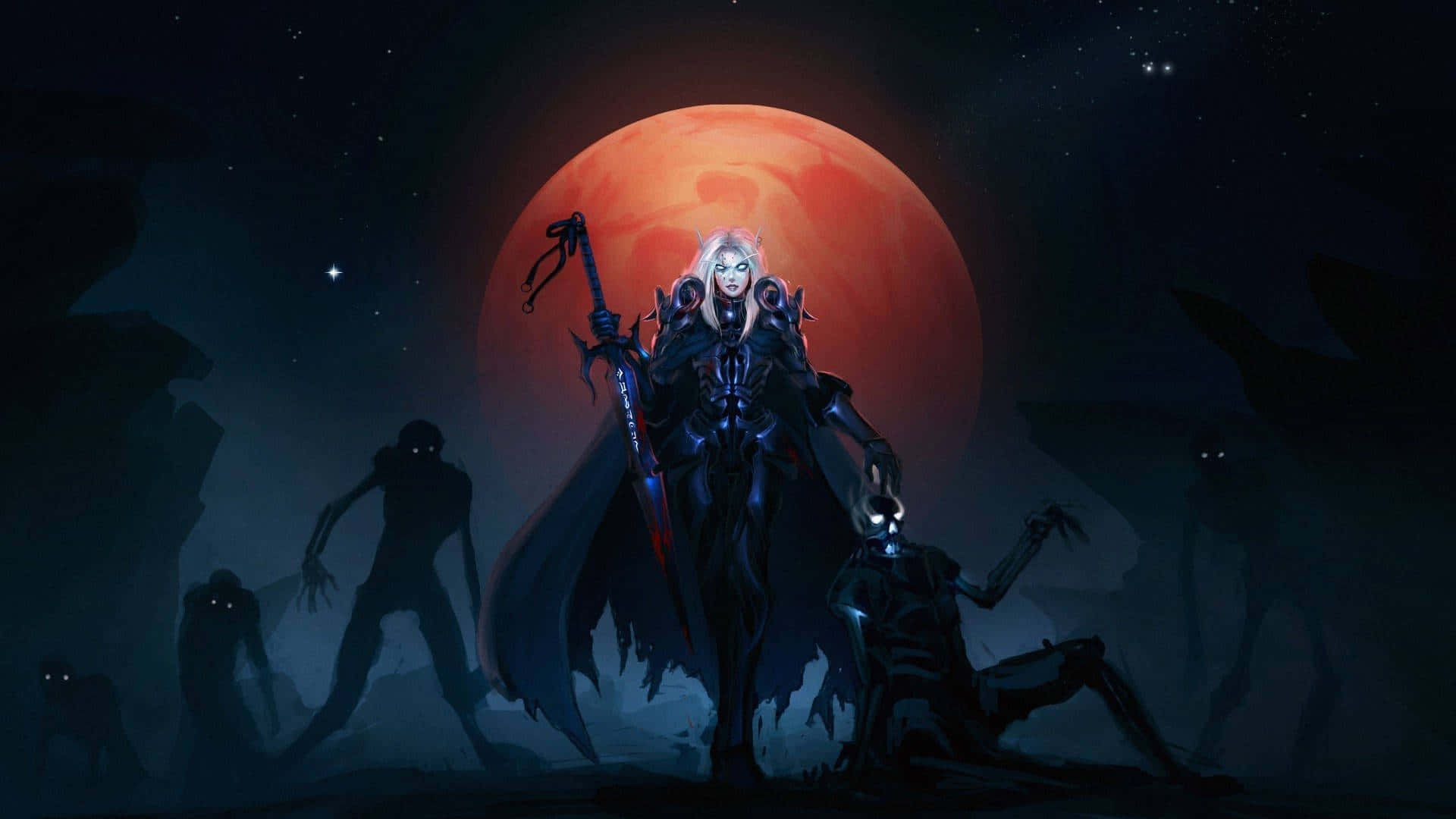 Sylvanas Windrunner, red moon, skull-topped staff, Full HD Desktop Wallpaper
