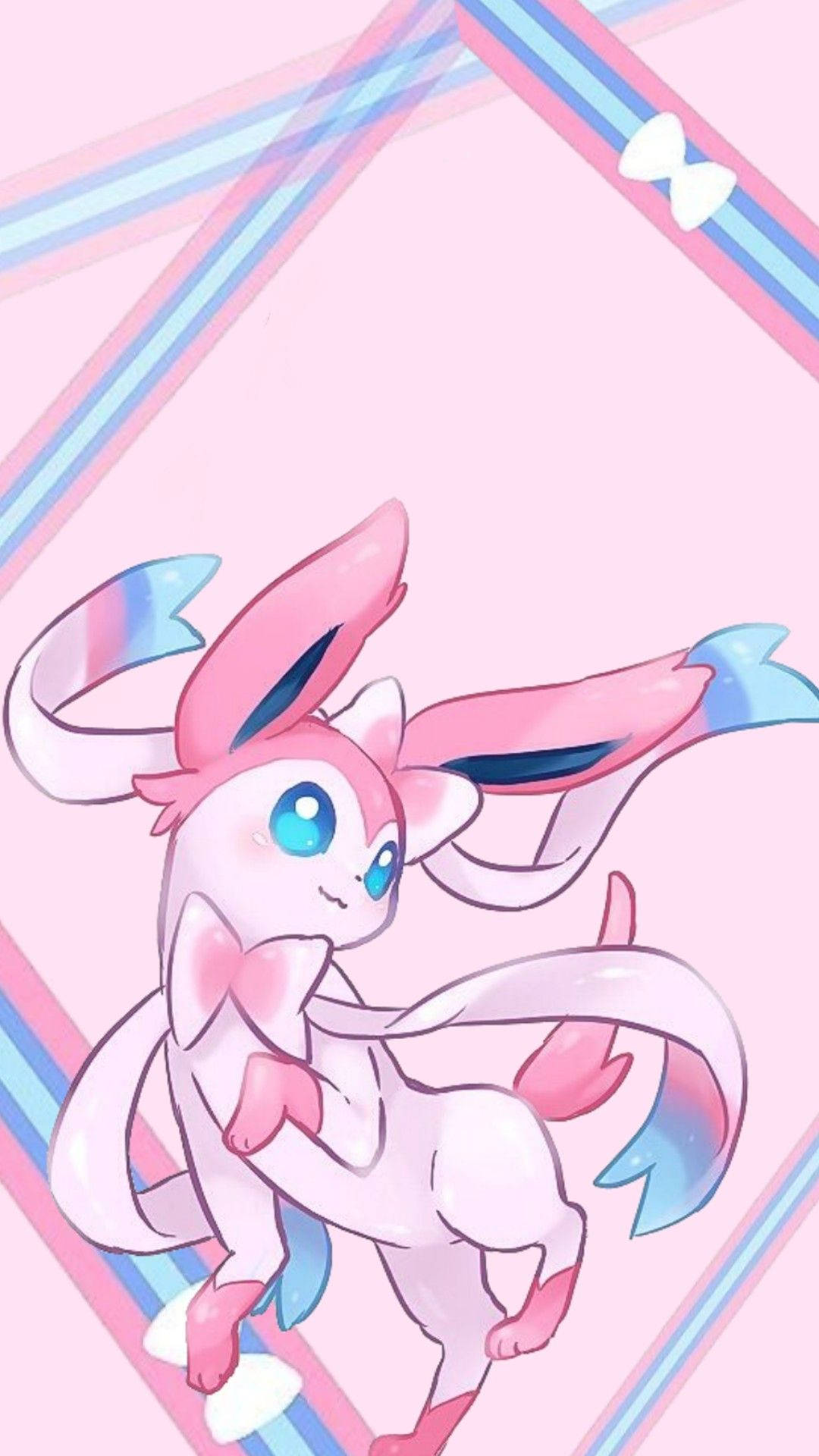 Sylveon, pink ribbon, pastel pink background, Full HD Phone Wallpaper