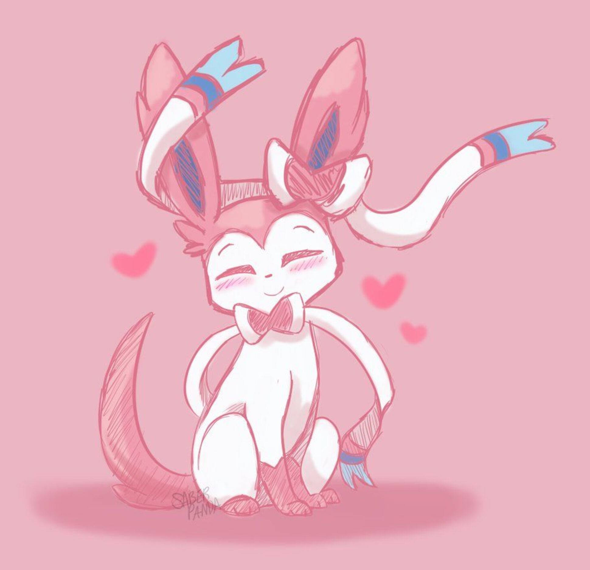 Sylveon, pink and white, blue-tipped ears and tail, Full HD Desktop Wallpaper
