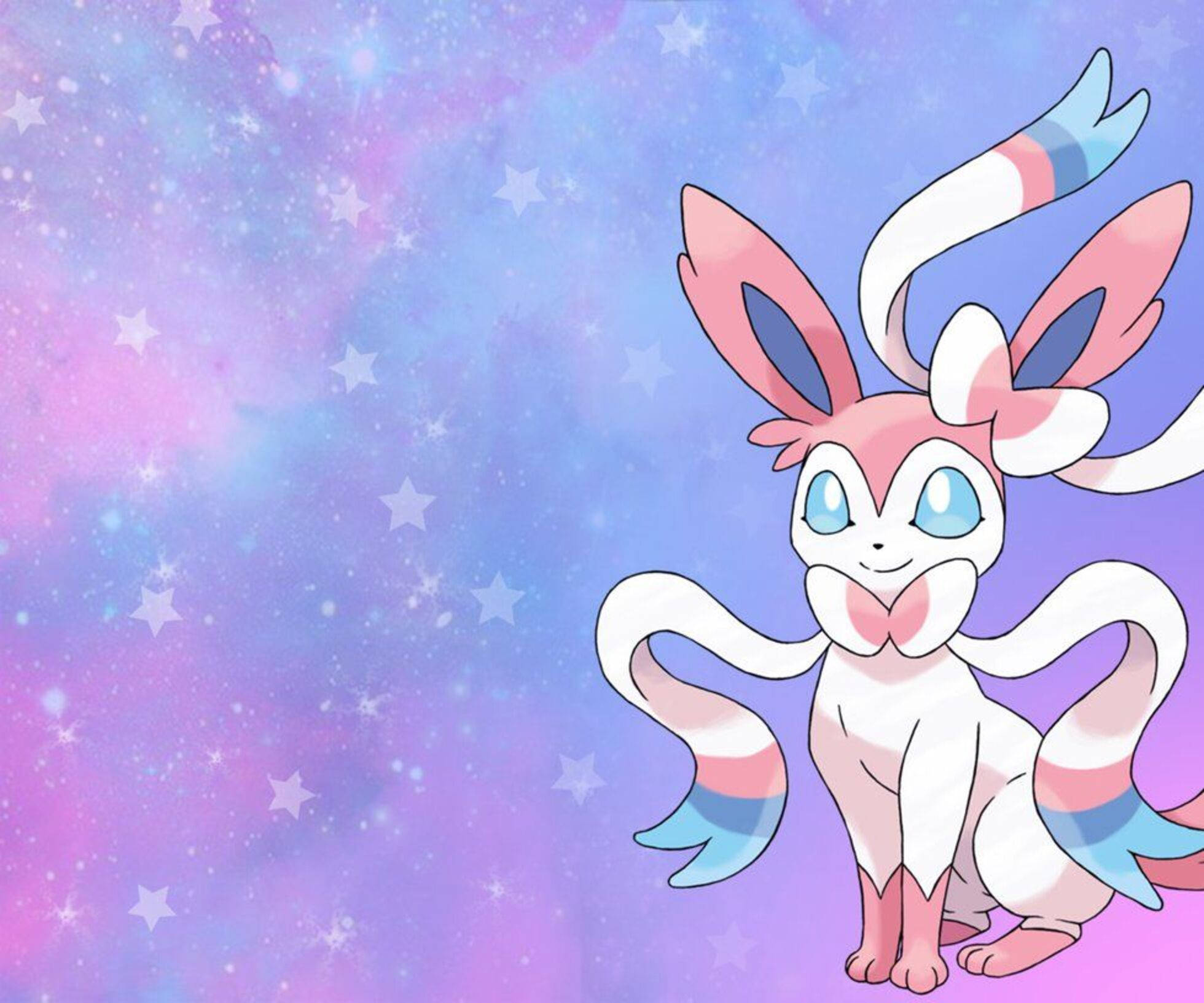 Sylveon, starry purple and blue sky, pink and blue striped ears, Full HD Desktop Wallpaper