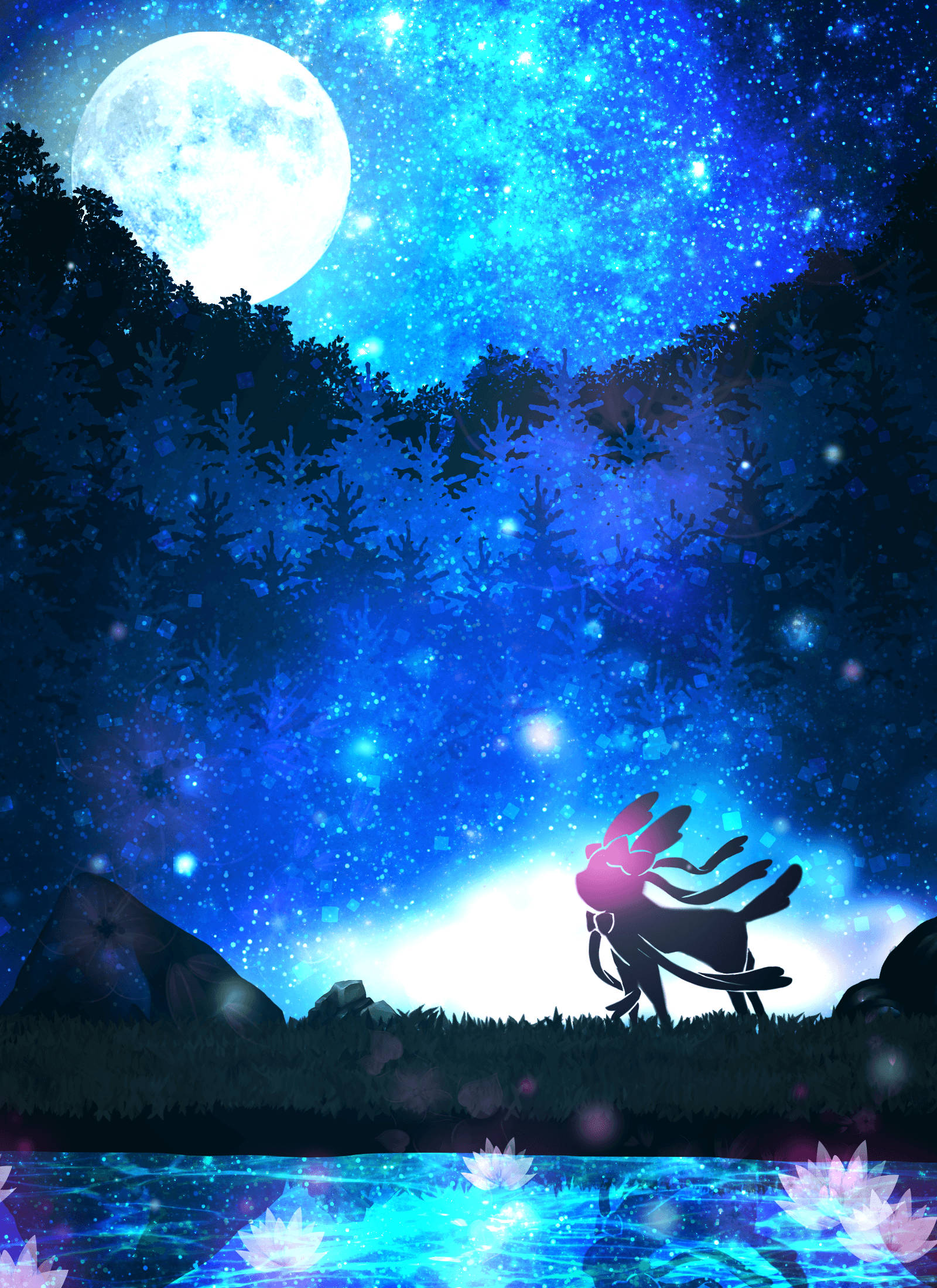 Sylveon, starry skies, starlit lake, Full HD Phone Wallpaper