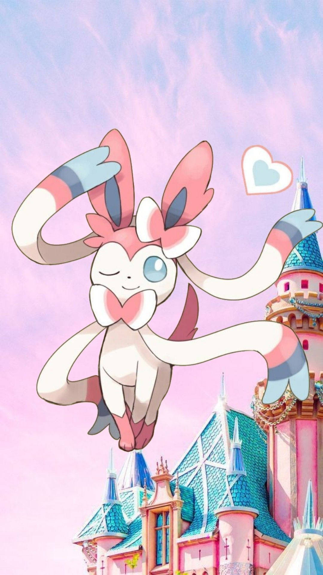Sylveon, pastel pink castle, soft pink sky, HD Phone Wallpaper
