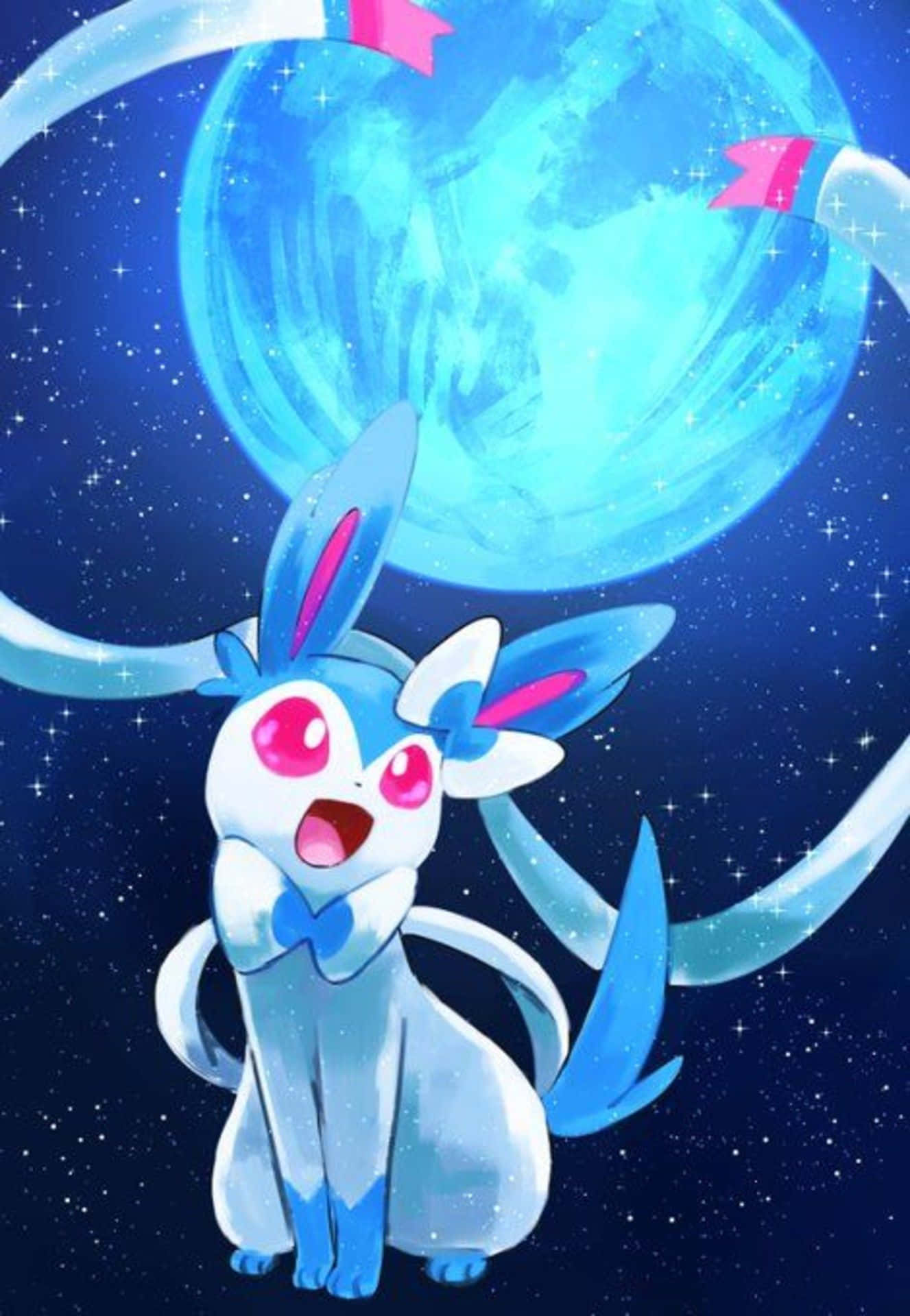 Sylveon, blue and white, pink eyes, Full HD Phone Wallpaper