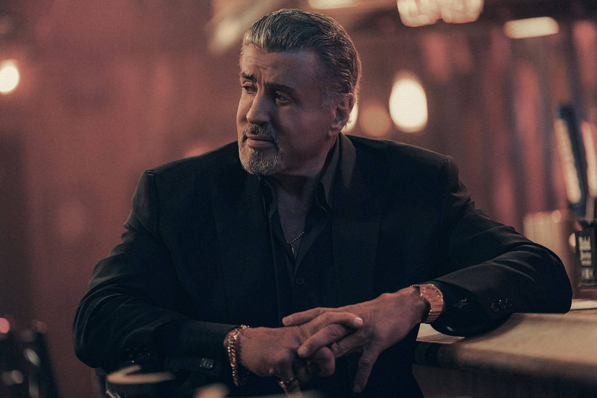 Sylvester Stallone, black suit, dimly lit lounge, Full HD Desktop Wallpaper
