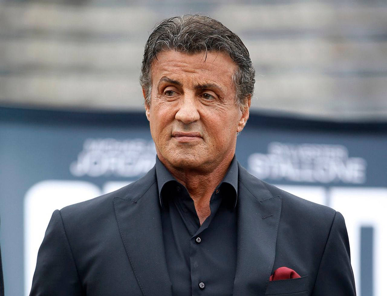Sylvester Stallone, red handkerchief, black suit, HD Desktop Wallpaper