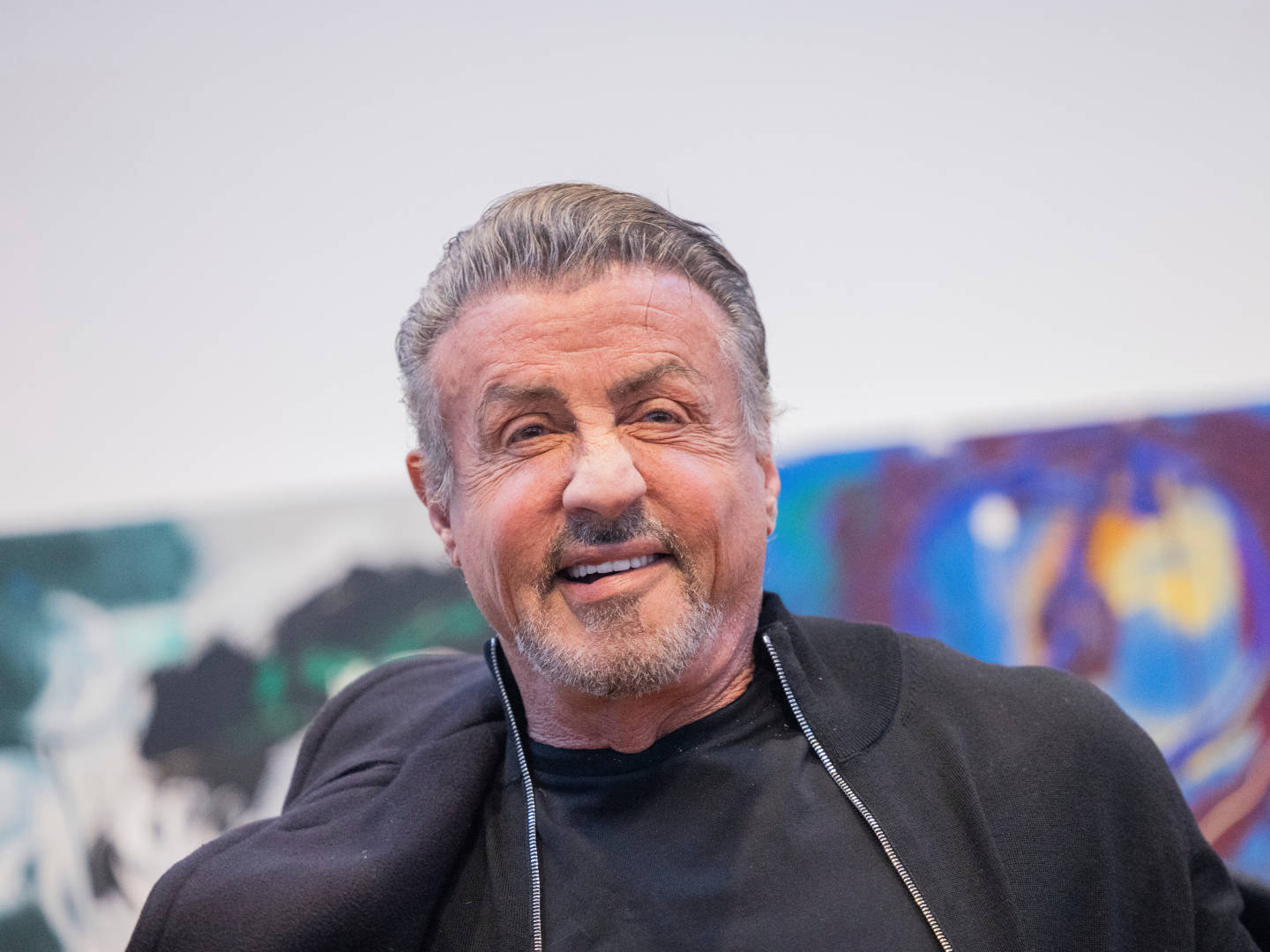 Sylvester Stallone, black sweater, colorful abstract painting, HD Desktop Wallpaper