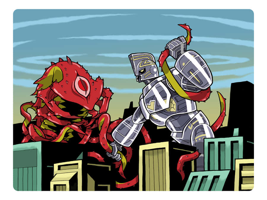 Sym-bionic Titan, silver armored knight, red spiky monster, SD Desktop Wallpaper