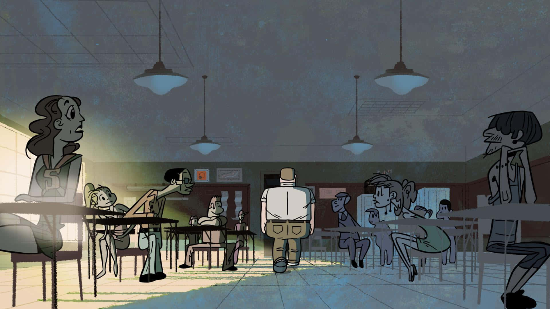Sym Bionic Titan, cafeteria scene, dimly lit animated diner, Full HD Desktop Wallpaper