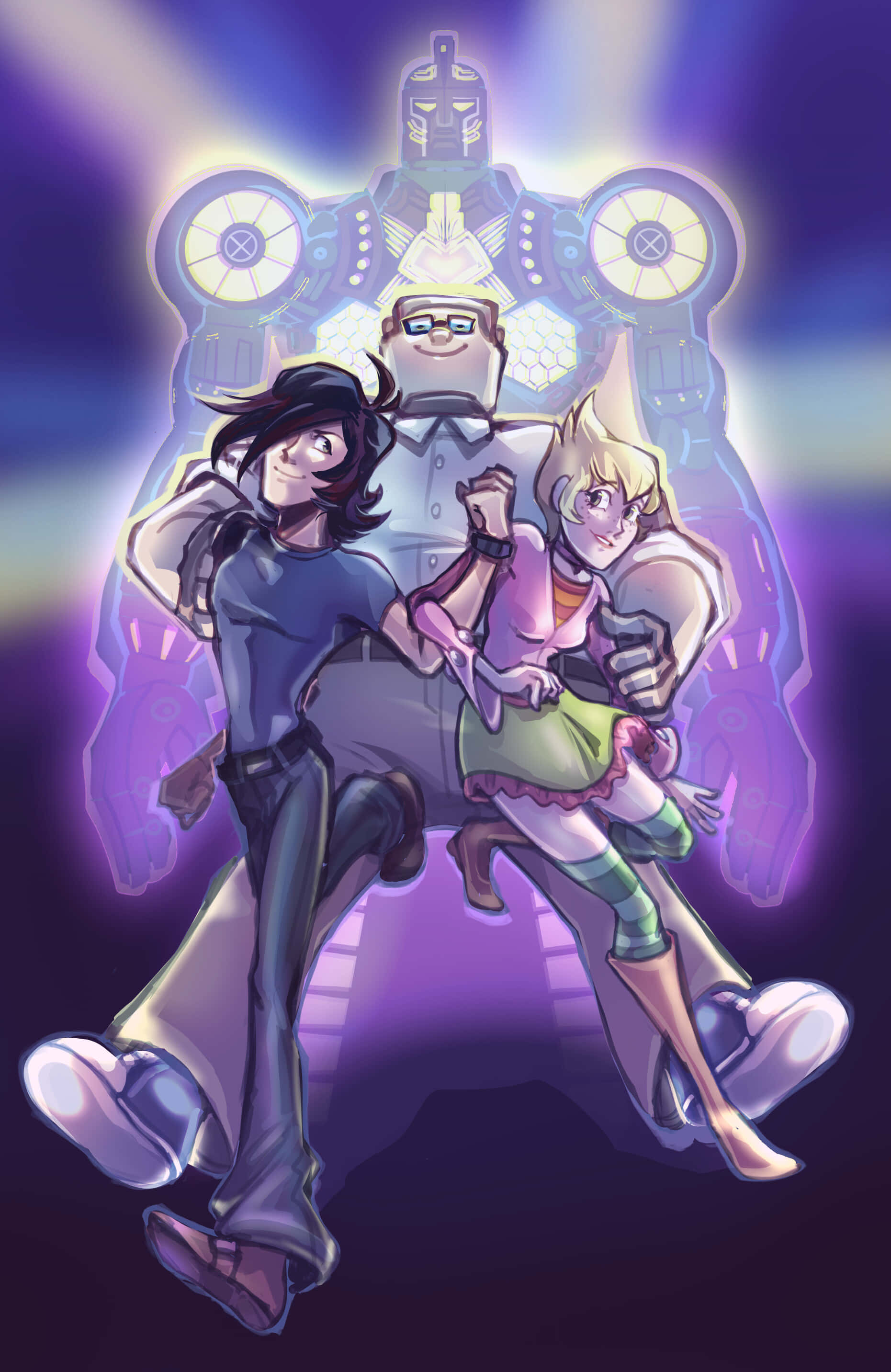 Sym-Bionic Titan, glowing futuristic robot, purple and blue lighting, 2K Phone Wallpaper
