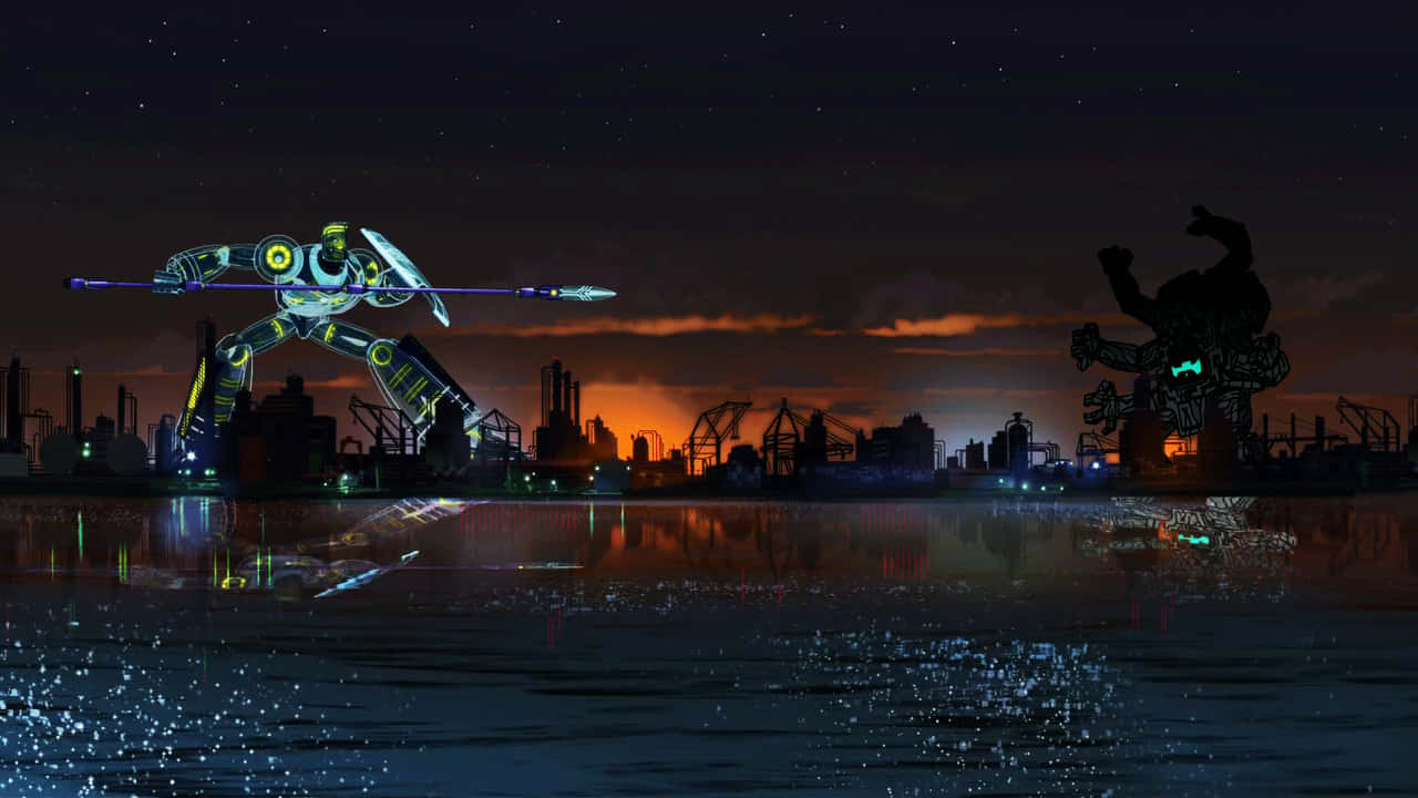 Sym-bionic Titan, neon robot warrior, spear, HD Desktop Wallpaper
