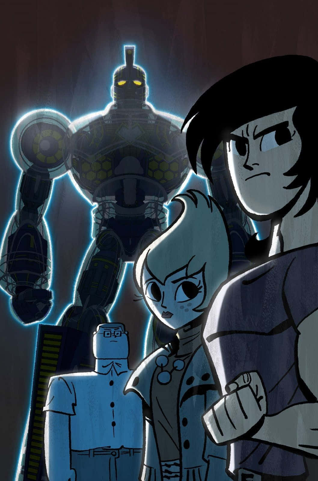 Sym-Bionic Titan, glowing blue robot, three determined anime characters, HD Phone Wallpaper
